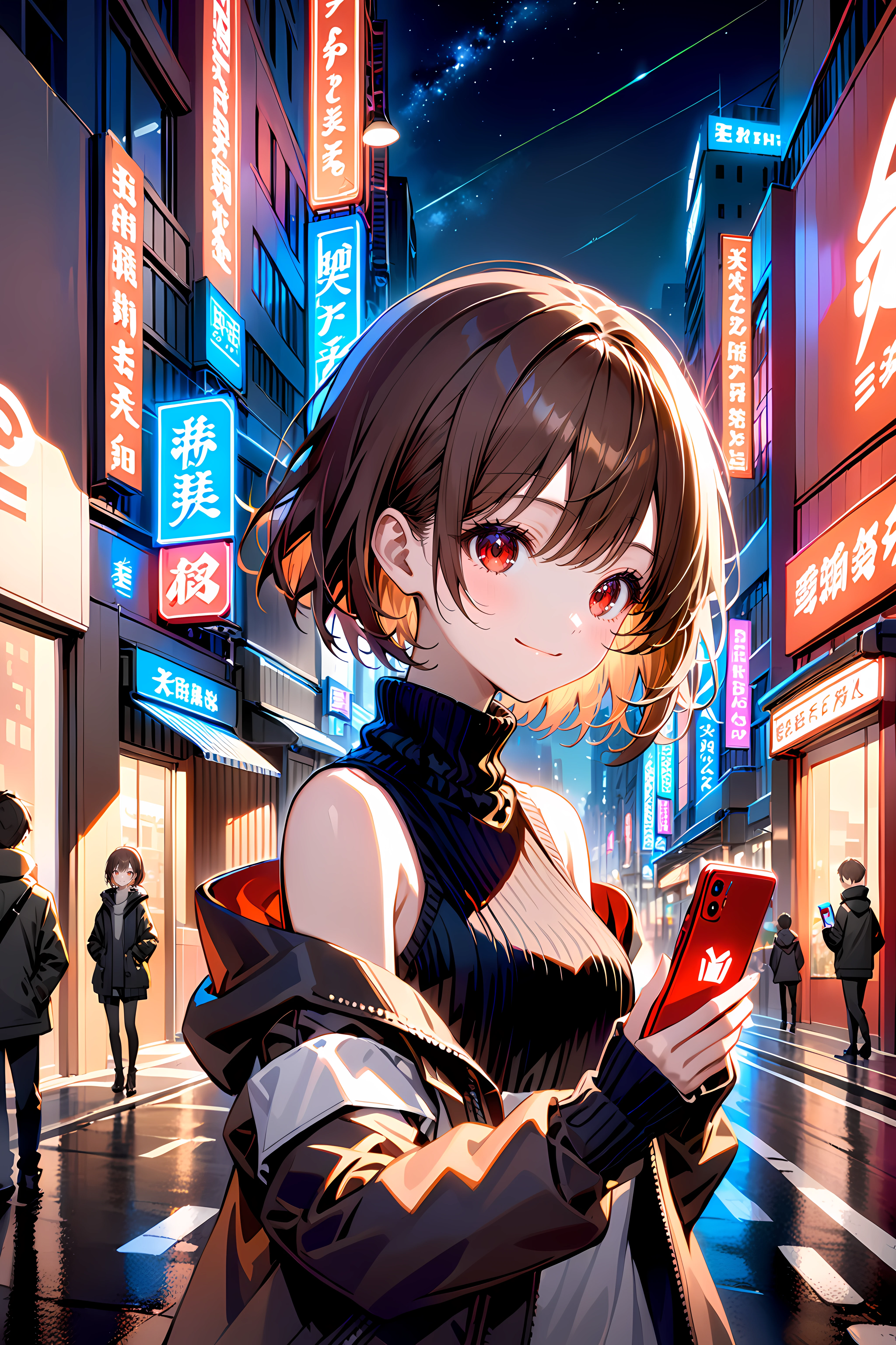 1girl, upper body, standing, short hair, brown hair, red eyes, black sweater, sleeveless turtleneck, black jacket, off shoulder jacket, long sleeves, bare shoulders, closed mouth, smile, holding phone, smartphone, outdoors, city, street, neon lights, night, night sky