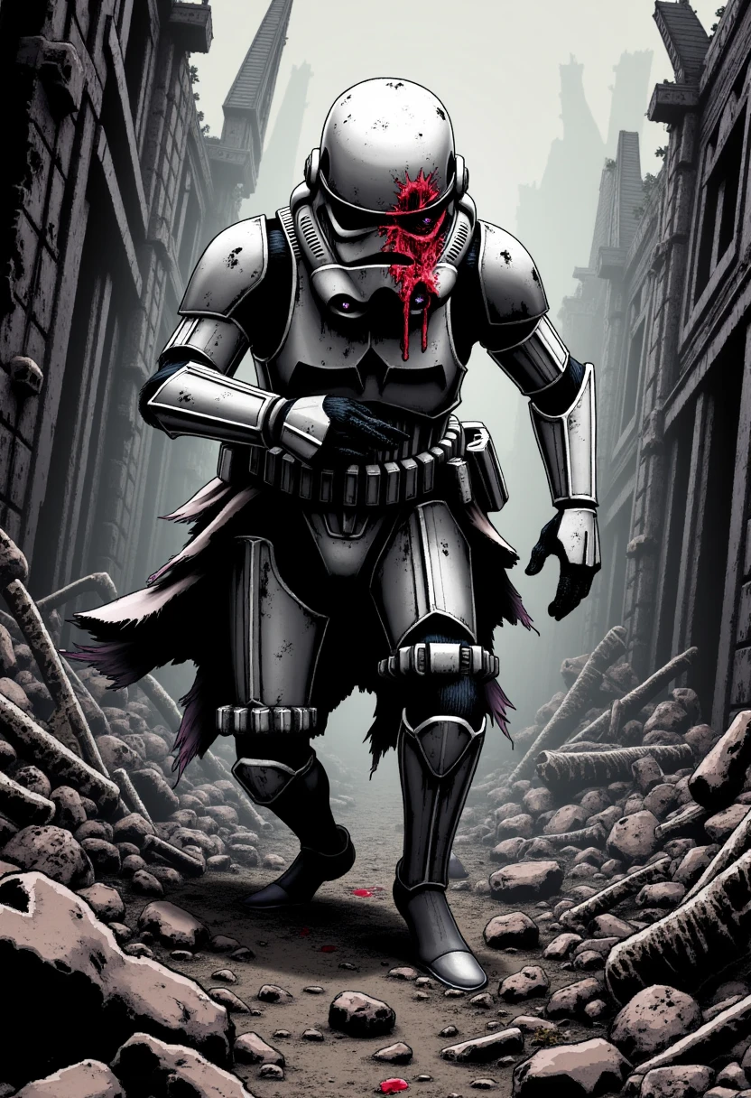 Imagine an image in the style of an intense, shadow-filled graphic novel scene. A decayed Stormtrooper clawing its way through a destroyed village, its tattered uniform hanging off its skeletal frame. The helmet visor is shattered, revealing an empty eye socket, and blood-red mist hangs around it, adding an eerie, otherworldly glow to the shattered landscape.