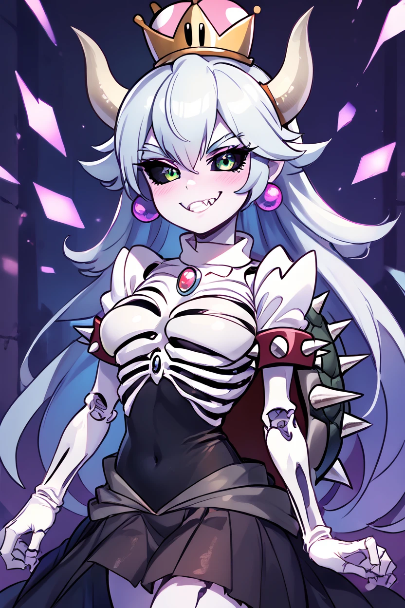 score_9, score_8_up, score_8, medium breasts, (curvy), cute, eyelashes,       BREAK, ,   zzDryBowsette, black sclera, colored sclera, skeleton, horns, spikes, dress, hair between eyes, jewelry, very long hair, green eyes, white hair, earrings, white gloves, colored skin, crown, pale skin, colored sclera, white skin, black sclera, ribs, skeleton, super crown, spiked armlet, spiked shell, <lora:DryBowsette_PDXL:1.0>, , BREAK, closed mouth, alternate costume, smile, looking at viewer, collared shirt, blush, sweater, black skirt, eyelashes, long sleeves, sleeves past wrists, plaid skirt, shoulder bag, black bag, blurry, tile floor, pleated skirt, white shirt, cowboy shot, ,,, embedding:zPDXL, Expressiveh, ,,, <lora:Vivid:0.7>, <lora:Uncensored_PonyXL_cpt_v02.09:0.4>, <lora:Expressive_H-000001:0.4>,