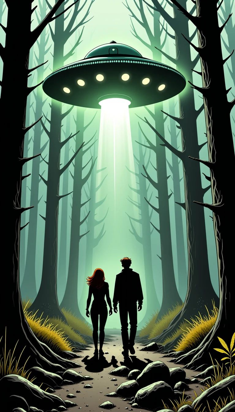 A comic adaptation of The X-Files, with Mulder and Scully investigating a creepy UFO crash site in a foggy forest <lora:everlyheightscomicsflux:1>