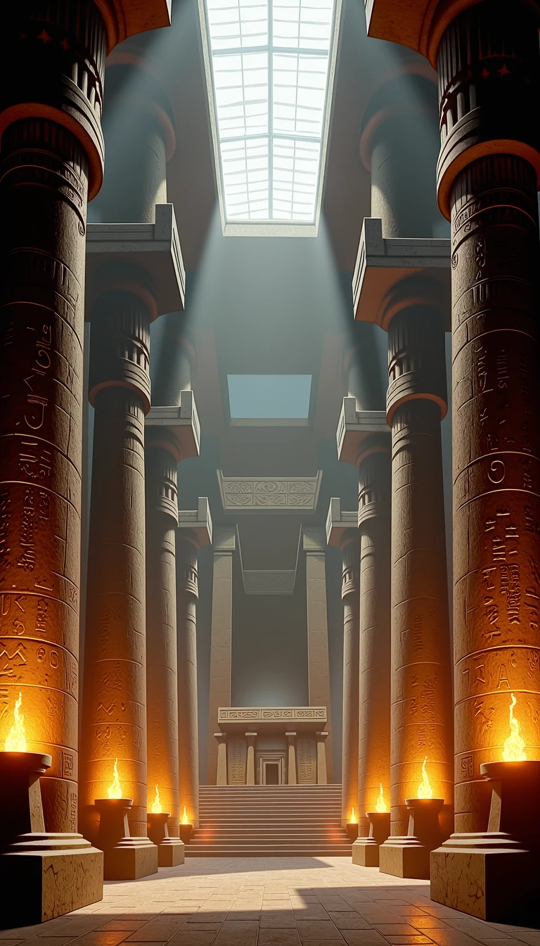 A massive, ancient temple interior, with towering stone statues lining the walls, each holding a torch that casts flickering light across the chamber. In the center, a grand altar sits under a skylight that shines down on it, while detailed carvings and hieroglyphs cover the stone walls and floor.  <lora:Everly Heights Retro Cel-Frame FLUX:1>