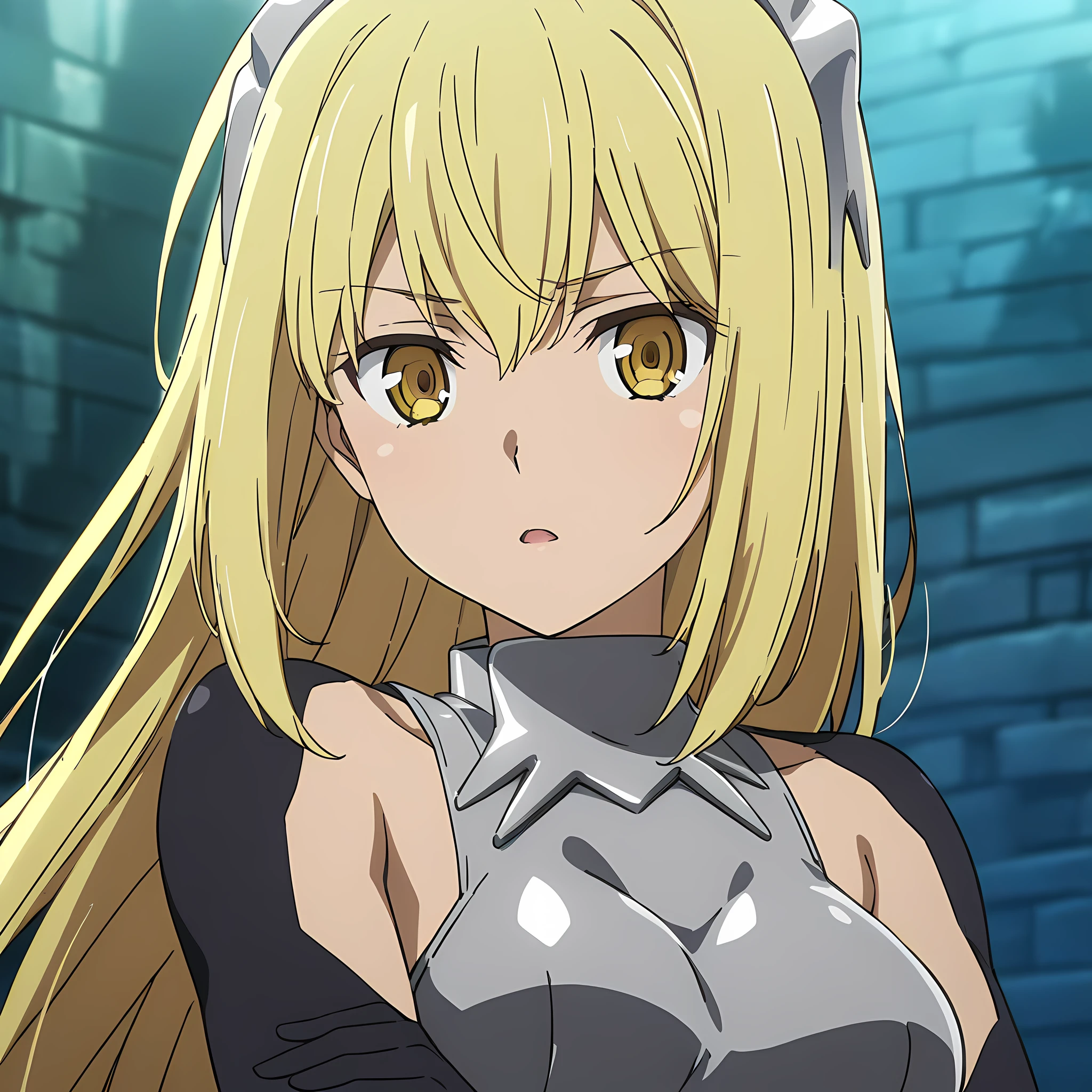 ais_wallenstein, 1girl, solo, blonde hair, long hair, yellow eyes, medium breasts, armor, breastplate, dress, white background, looking at viewer, armpits, crossed arms, open mouth, serious look, simple background, upper body, portrait, anime coloring<lora:Ais_Wallenstein:1>, (masterpiece),(best quality),(ultra-detailed),(best illustration),(best shadow),(absurdres),(detailed background),(very aesthetic),