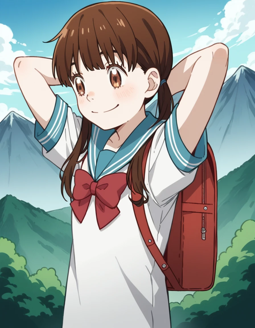 score_9, score_8_up, score_7_up, source_anime, <lora:hinata-kawamoto-s2-ponyxl-lora-nochekaiser:1>, hinata kawamoto, long hair, bangs, brown hair, twintails, brown eyes, low twintails,, shirt, bow, school uniform, white shirt, short sleeves, serafuku, bowtie, sailor collar, red bow, blue sailor collar, red bowtie,, mountain trail, hiking, nature, backpack, adventure, fresh air, smile, , hands behind head,, solo,, dutch angle,