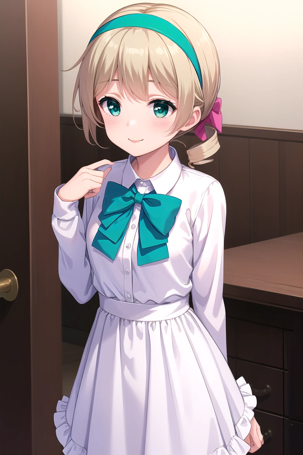 (masterpiece, best quality), highly detailed background, perfect lightingbest quality, etokurumi, solo, indoors, winter, plaid bow, blonde hair, low ponytail, blue hairband, bangs, drill hair, short hair, green eyes, small breasts, white shirt, frilled shirt, sleeves past wrists, green dress, blue bowtie, smile, closed mouth, :), pink lips, <lora:Eto-Kurumi:0.7>