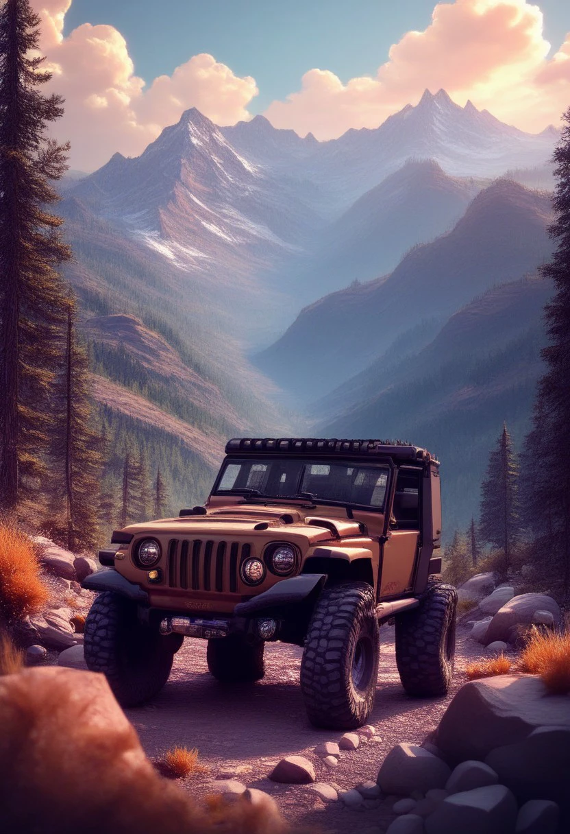 p5style, cel shaded,  score_9, score_8_up, score_7_up, jeep, mountain, rocks, trees