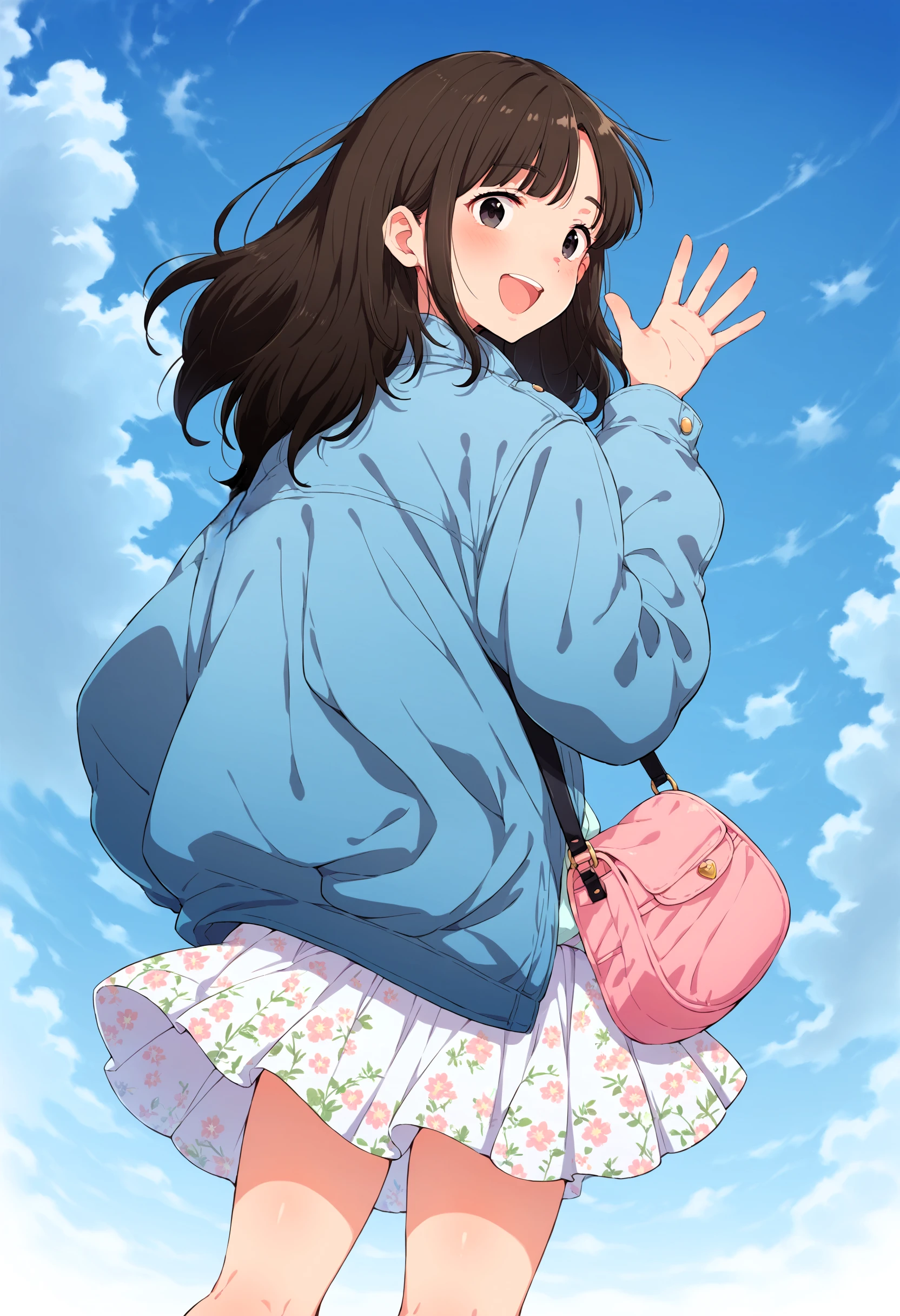 score_9, score_8_up, score_7_up, anime_style, 2D, Maeda, 1girl, solo, long hair, looking at viewer, blush, smile, open mouth, skirt, brown hair, black eyes, jacket, outdoors, sky, day, looking back, cloud, bag, from behind, blue sky, floral print, white skirt, blue jacket, handbag, waving