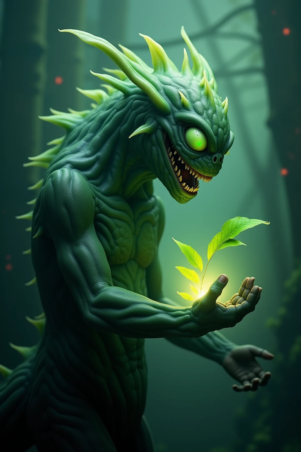 <lora:tree_leaf_V2.-000002:1>
in a futur one monster have several recroq_leaf, fougere_leaf, light_effect in hand