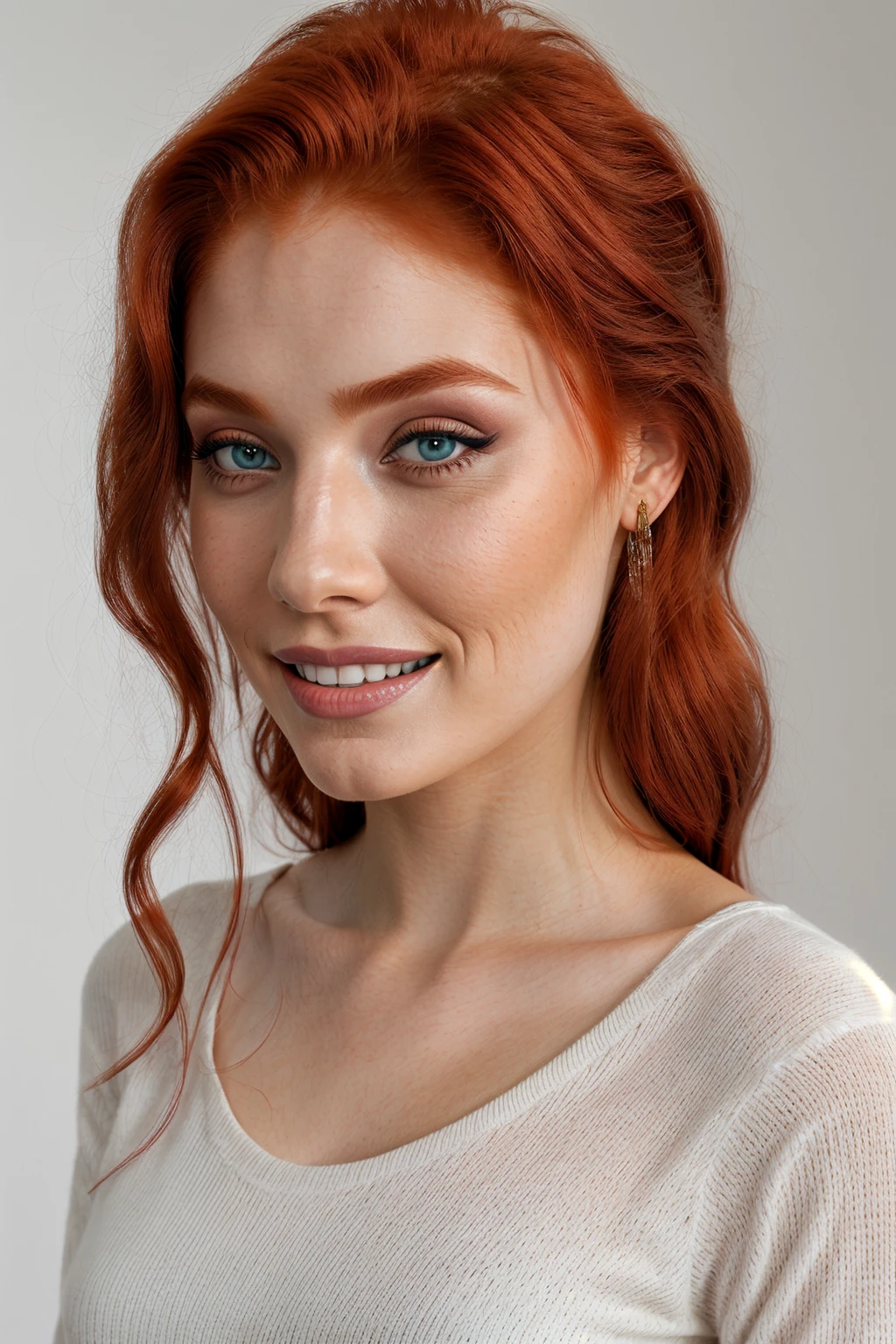 stunningly gorgeous redhead aria supermodel wearing basic clothes, mild makeup, lovely eyes, gorgeous and elegant, instagram post, smiling, indoors background<lora:Aria:0.7>