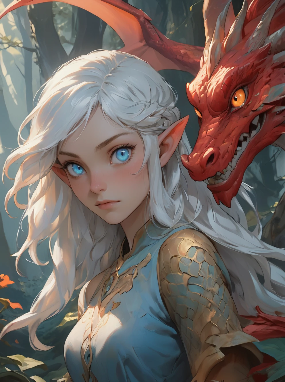 ,donmenshiji,Elf girl 18 year old,with pointy elf ears and vibrant blue eyes,enchanting,her face partly covered by a red dragon welp. The girl has light vibrant blue eyes,while the dragons large,golden eyes stare outwards. The lighting creates a soft,painterly effect,blending the features of the girl and the dragon together. The dragons red scales contrasts against the girl's pale complexion and her silver hair,creating a sense of surreal connection between the two. The overall tone is calm yet slightly mysterious,evoking a dreamlike atmosphere. A setting of a tranquil enchanted forest. Magical.,
Photorealistic,8k,deep shadows,still life,<lora:Dmshiji-wwm:0.8>