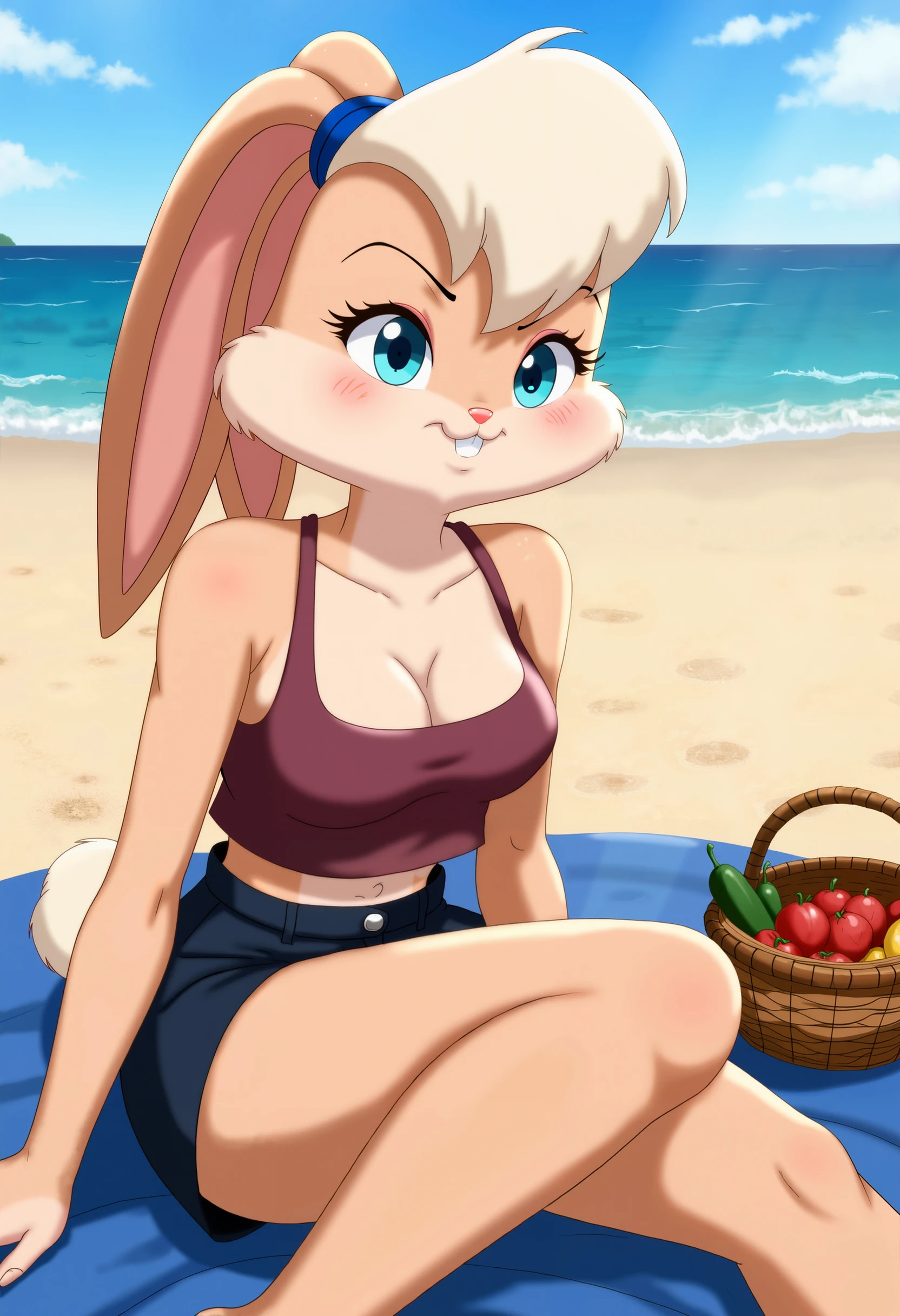 Lola Bunny in a casual summer outfit, sitting on a blanket at a beach picnic, with a basket of fruit and the ocean in the distance.
