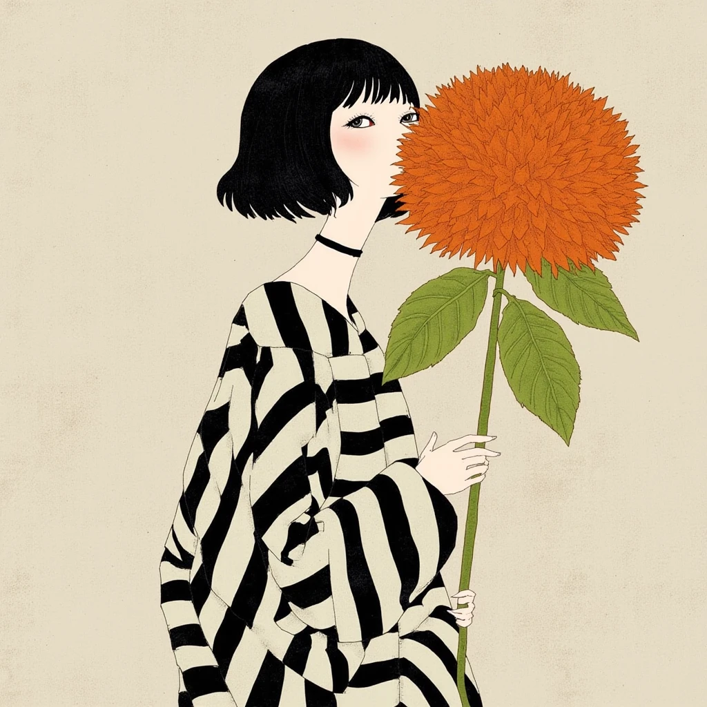 In style of Kotaro Chiba. The image portrays a woman with black hair, wearing a black and white striped dress. She is holding a large orange flower in her hand, which is adorned with a green stem and leaves. The woman appears to be in a contemplative state, with her head tilted slightly to the side. The background of the image is a light beige color, providing a contrast to the woman's attire and the vibrant orange flower.