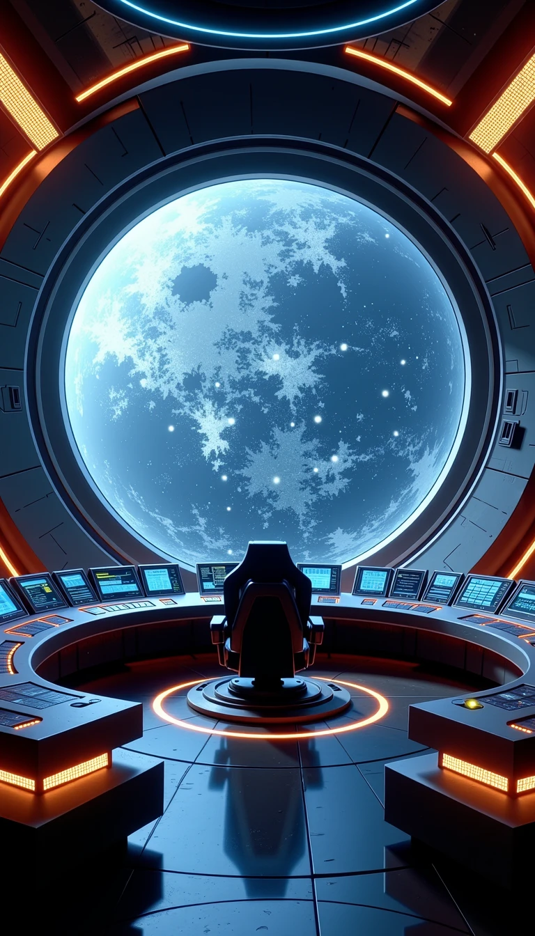 A futuristic control room with sleek, metallic walls and a massive, curved window offering a breathtaking view of the galaxy. The room is filled with high-tech consoles and screens, blinking with multicolored lights. In the center, a large command chair is surrounded by holographic displays and controls.  <lora:Everly Heights Retro Cel-Frame FLUX:1>