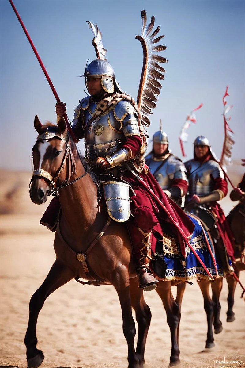 hires digital photo, photorealism, simple background, group, multiple males on horseback, wearing winged_hussar_armor, holding holding lance, red and white banners, charging, desert, sorching sunrays, breastplate, scale armor, pauldrons, gauntlets, <lora:Polish_Hussar_Armor_PonyXL:0.8>, PonyXL_Scores, intricate details, high resolution,