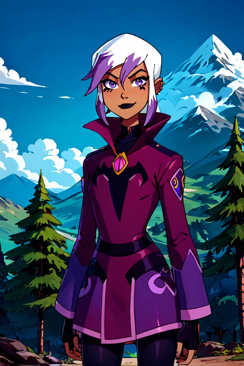 score_9, score_8_up, score_8,     BREAK, , ,,,  zCharmcaster, purple eyes, white hair, long hair, hair between eyes, purple hair, ear piercing, earrings, gloves, makeup, fingerless gloves, magic, <lora:Charmcaster_Ben10Omniverse_PDXL:1.0>, ,,,  , BREAK, looking at viewer, smile, outdoors, sky, day, cloud, tree, blue sky, mountain, cowboy shot, ,,, embedding:zPDXL, Expressiveh, ,,, <lora:Alola_Style_PDXL:0.8>, <lora:CatalystStylePDXL:0.8>, <lora:Expressive_H-000001:0.4>,