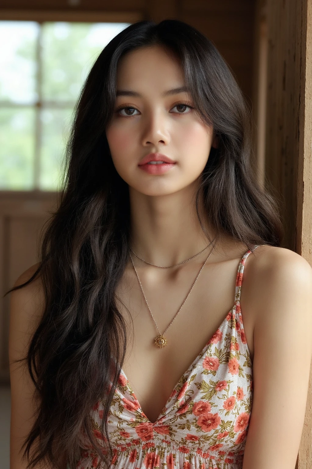 bright photo of beautiful asian girl with long wavy hair wearing bohemian dress with flower pattern, inside a bright rustic house with windows, necklace,studio lighting, realistic light reflections, , detailed skin, <lora:flux_realism_lora:1>, <lora:makinaflux_lisa_v1.0:1>