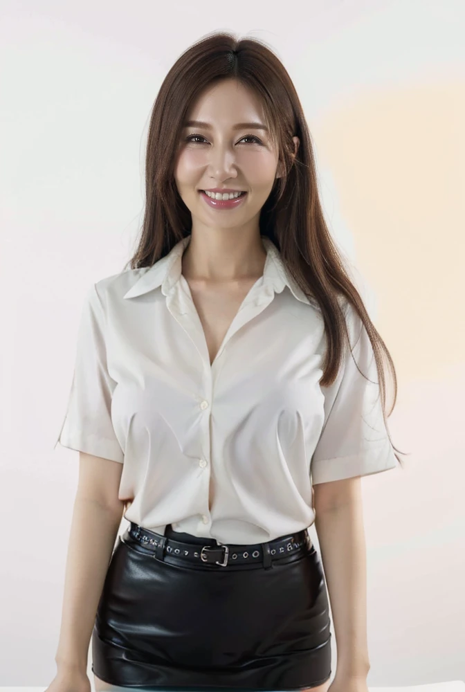 1girl,solo,big eyes,brown hair,brown eyes,long hair,lips,forehead,office lady,short sleeves collared shirt,suit skirt,looking at viewer,standing,portrait,(white_background),(realistic,photorealistic),(available light),(bright),(skin gloss),(perfect skin),Highly detailed,(ultra-detailed),hatching \(texture\),(8k,best quality,huge filesize,masterpiece:1.5),<lora:AV-ä½ä½æ¨æå¸:0.7>,(mature),smile,teeth,