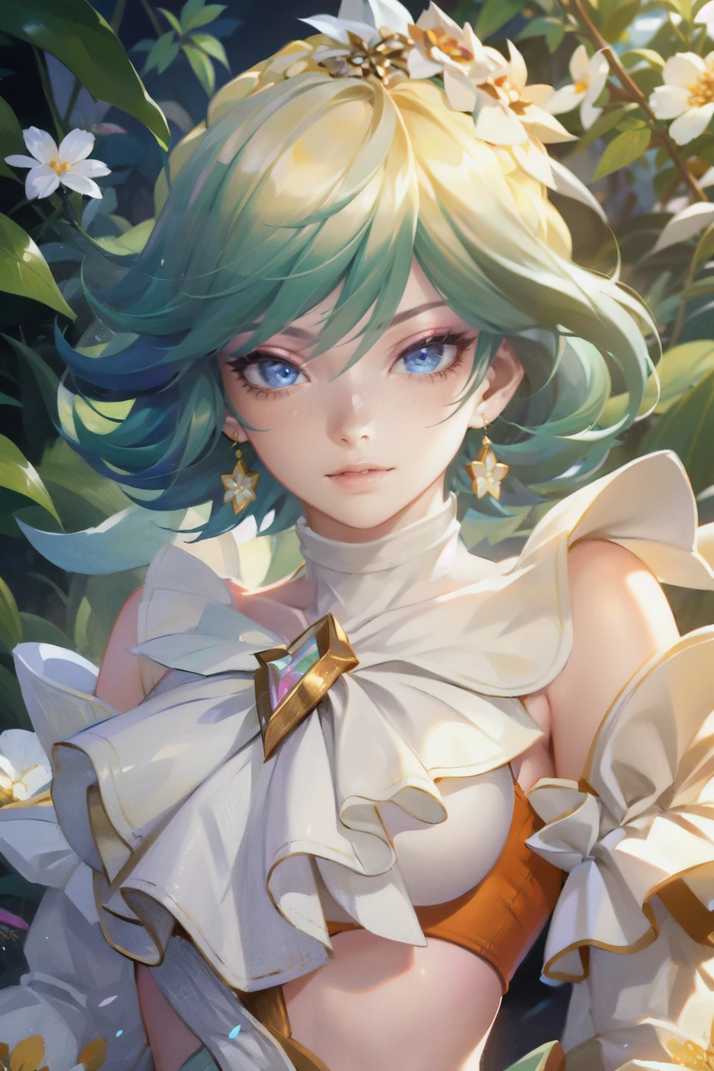 <lora:Violet_Patal_of_Rizz_AoV_Model_LoRA:0.8>, Violet_PoR, 1girl, solo, short hair, green hair, multicolored hair, flower, earrings, looking at viewer, blue eyes, lips, dress, breasts, jewelry, puffy sleeves, long sleeves, nail polish
, sitting, upperbody, best quality, ultra high res, (photorealistic:1.4), masterpiece, real life skin, hyper real