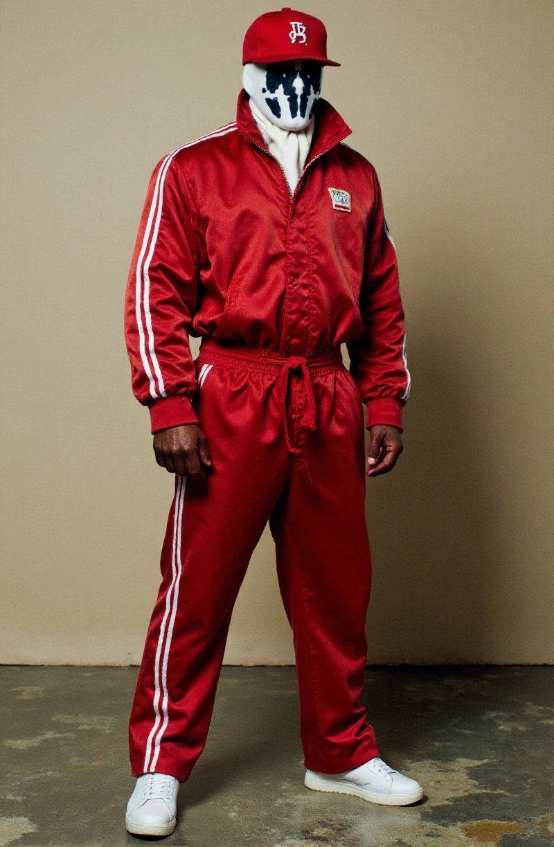 Rorschach wears a red tracksuit with white stripes and white sneakers ans a baseball cap. he is posing like a 90s rapper album cover<lora:Rorschach:0.9>