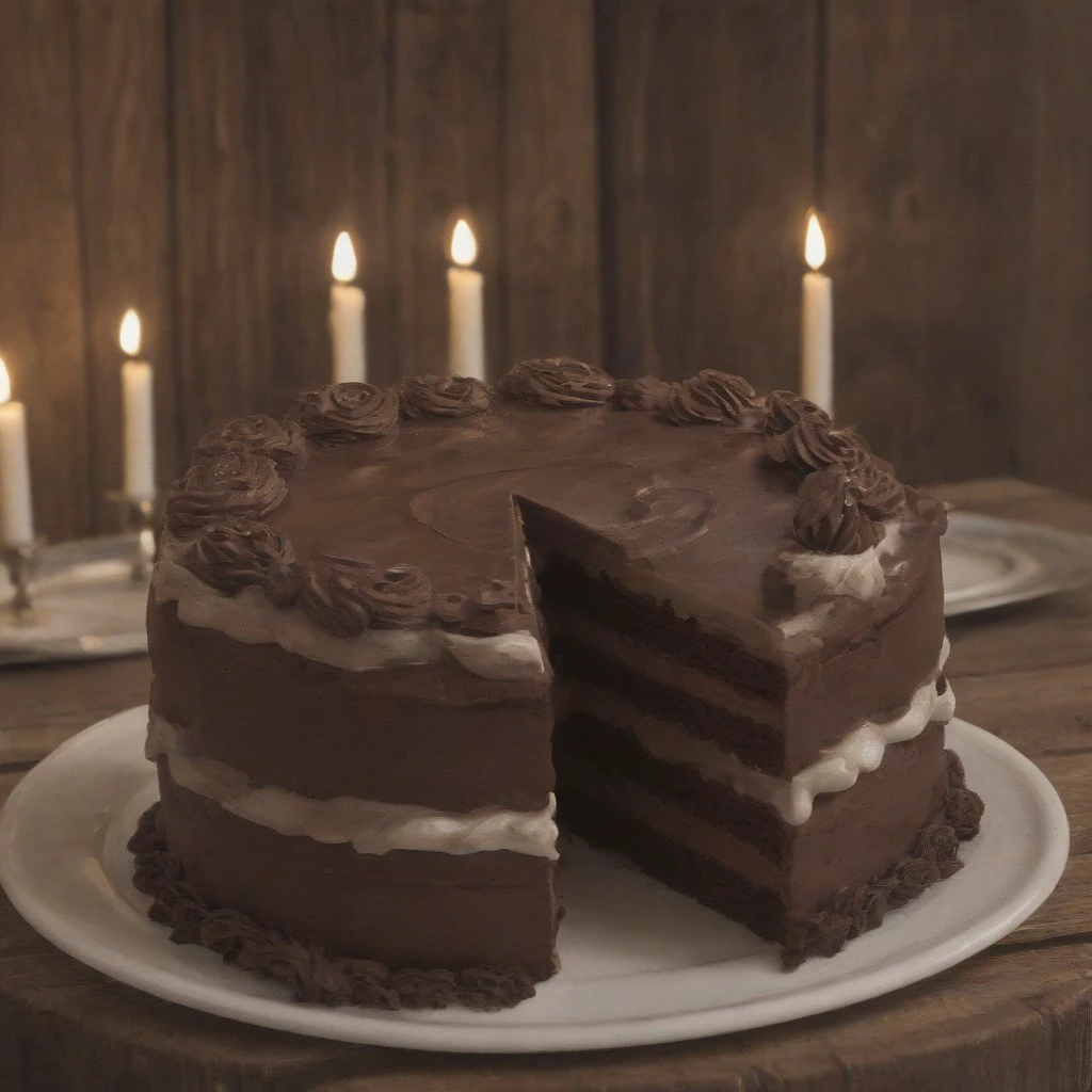 a big chocolate cake in a medieval restaurant, big candles, chocolate cake with multiple levels, brown wooden tables, wooden walls, warm scenery, medieval, still life, close view on chocolate cake