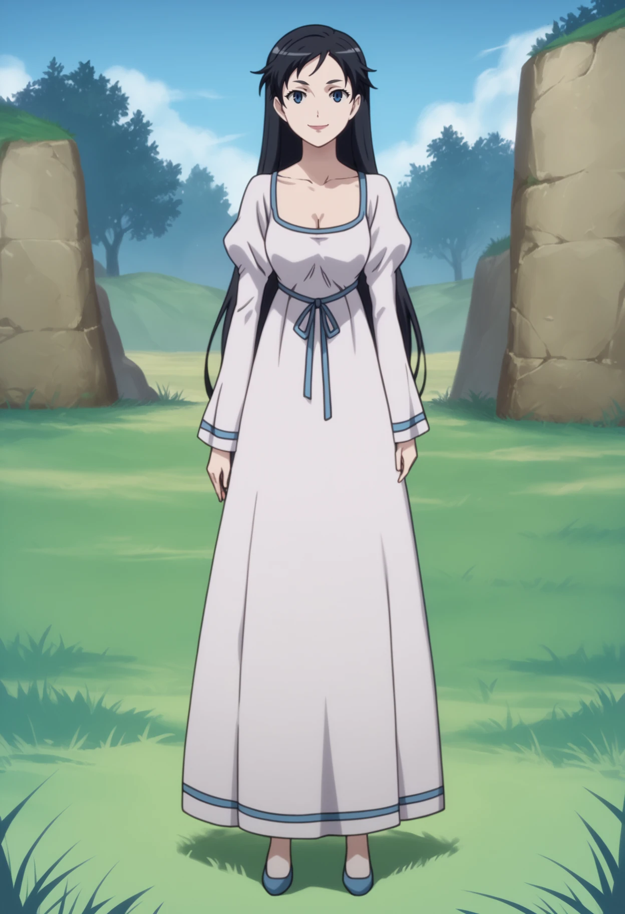 score_9, score_8_up, score_7_up, BREAK
1girl, divabl, blue eyes, black hair, long hair,
cleavage, collarbone, long sleeves, puffy sleeves, sundress,
full body, standing, smile, looking at viewer, solo, blue sky, grass, moutains background   <lora:DivaPDXL_byKonan:1>