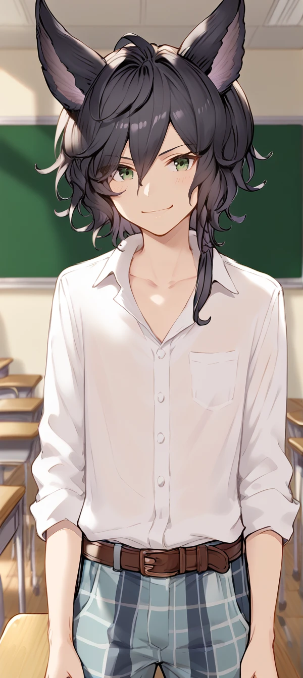 1boy,solo,male focus,smile,collared shirt,tartan pants,belt,collarbone,classroom,blurry background,mordred(granblue),animal ears,black hair,green eyes,erune