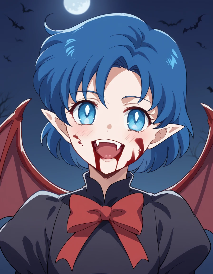 score_9, score_8_up, score_7_up, source_anime, <lora:ami-mizuno-eternal-movie1-ponyxl-lora-nochekaiser:1>, ami mizuno, blue eyes, blue hair, short hair, parted bangs,, <lora:vampire-ponyxl-lora-nochekaiser:1>, vampire, red eyes, pointy ears, fangs, black dress, wings, blood, blood on face, blood on mouth, bat (animal), halloween, halloween costume, upper teeth only, night, moon, blush, smile, open mouth,, looking at viewer