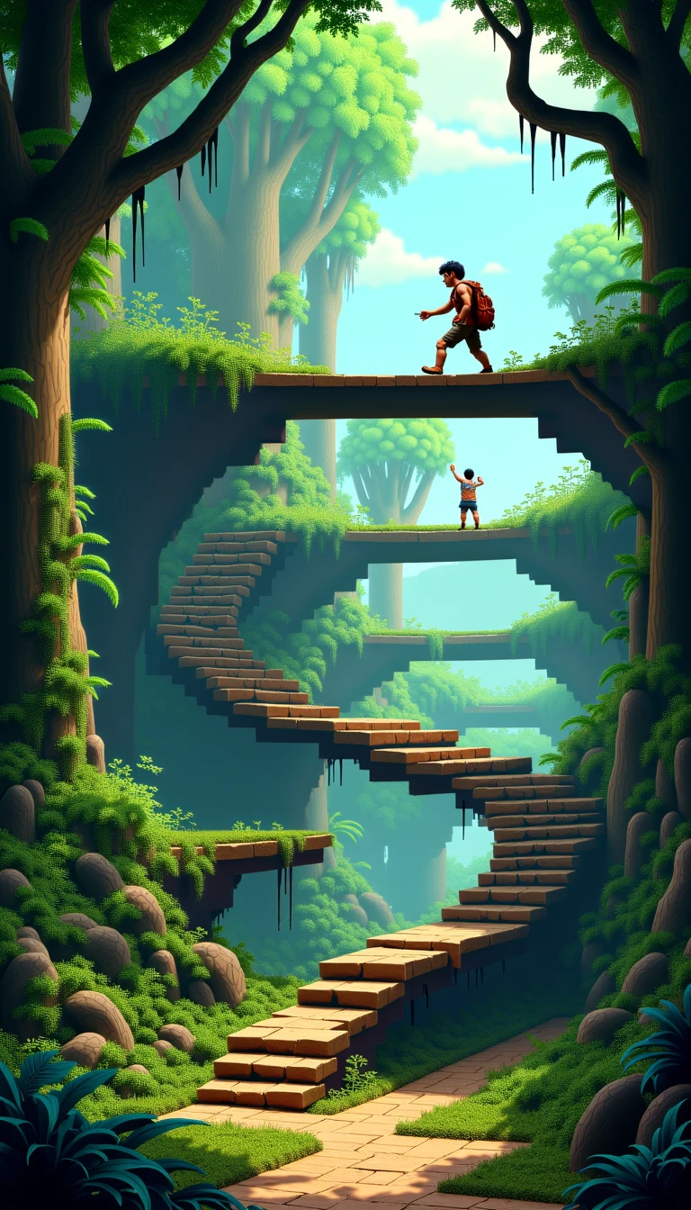 A adventurer leaping over platforms, avoiding traps, and fighting enemies in a jungle temple <lora:Everly Heights DOS Blocks FLUX:1>