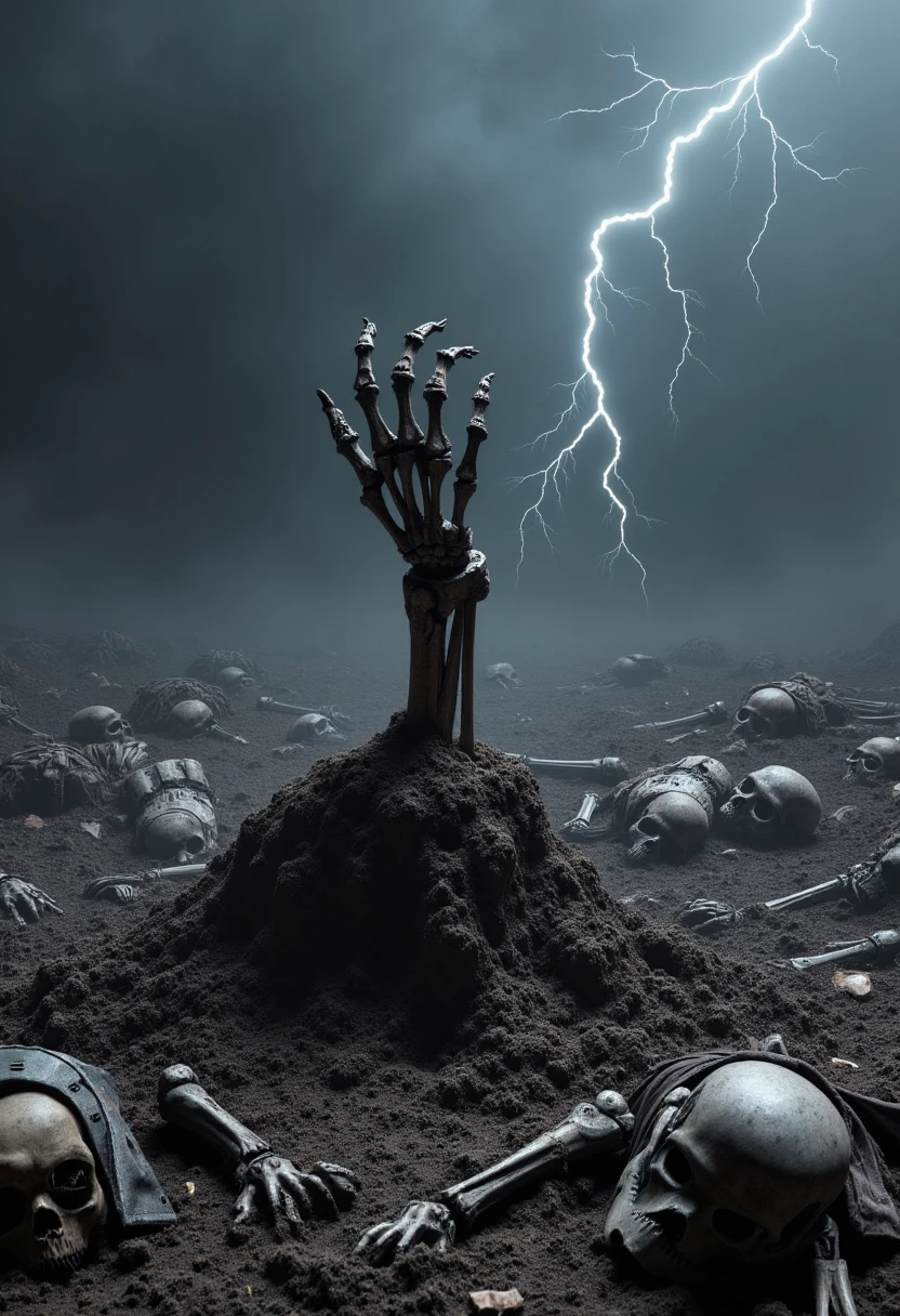 Imagine an image in the style of dark, photorealistic illustration. A Stormtrooper's skeletal hand pushes up through the grave dirt of a forgotten battlefield, breaking free from the soil. The grave is surrounded by other skeletal remains, scattered pieces of armor, and scraps of fabric, all under a bleak, stormy sky lit by sporadic flashes of lightning.