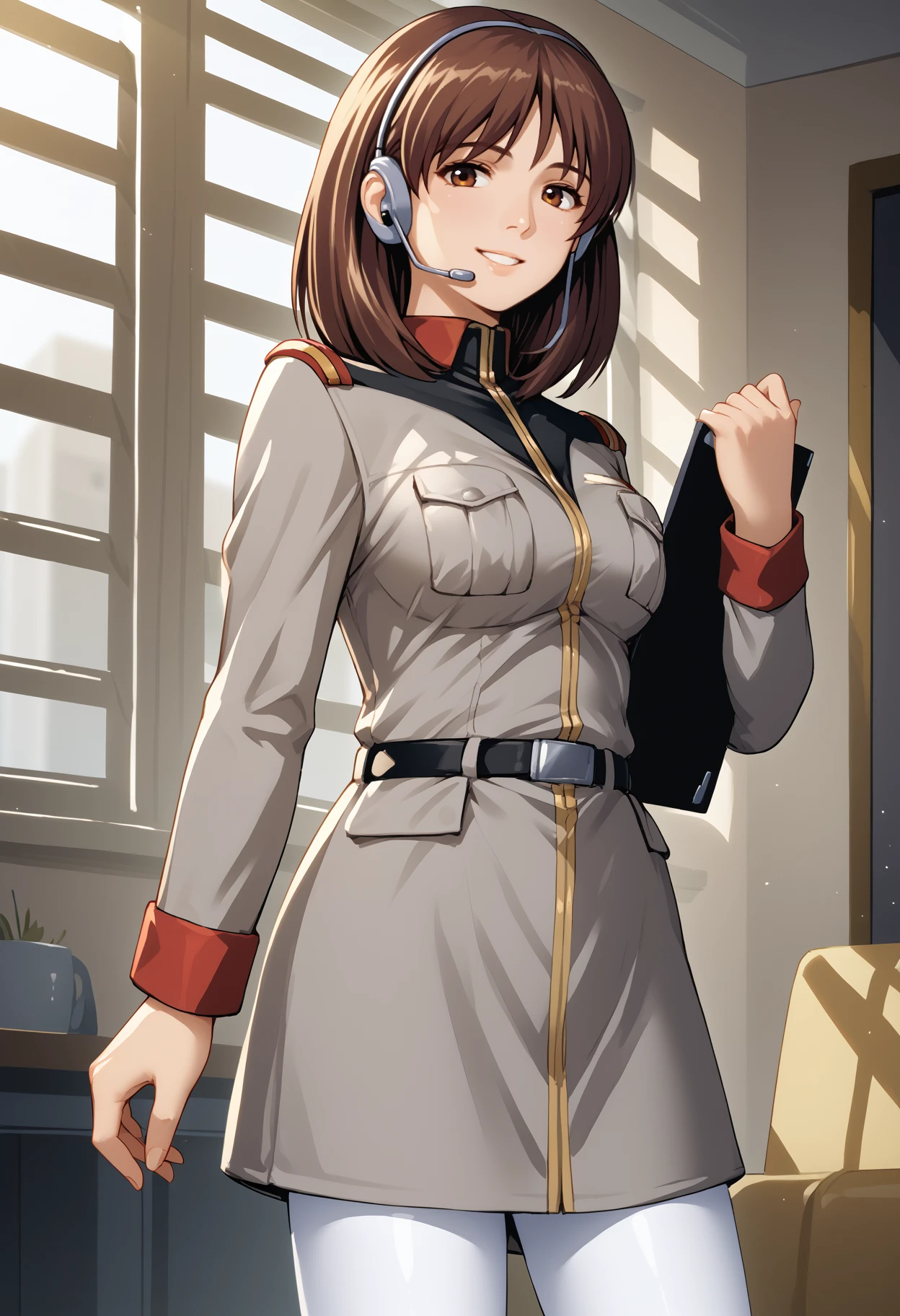 score_9, score_8_up, score_7_up, source_anime, <break> solo, 1girl, n0el anderson, smile, looking at you, standing, holding clipboard, short hair, brown hair, headset, brown eyes, military uniform, grey jacket, breast pocket, black belt, long sleeves, white pantyhose, indoors
<segment:yolo-face_yolov8m.pt,0.4,0.5//cid=1>