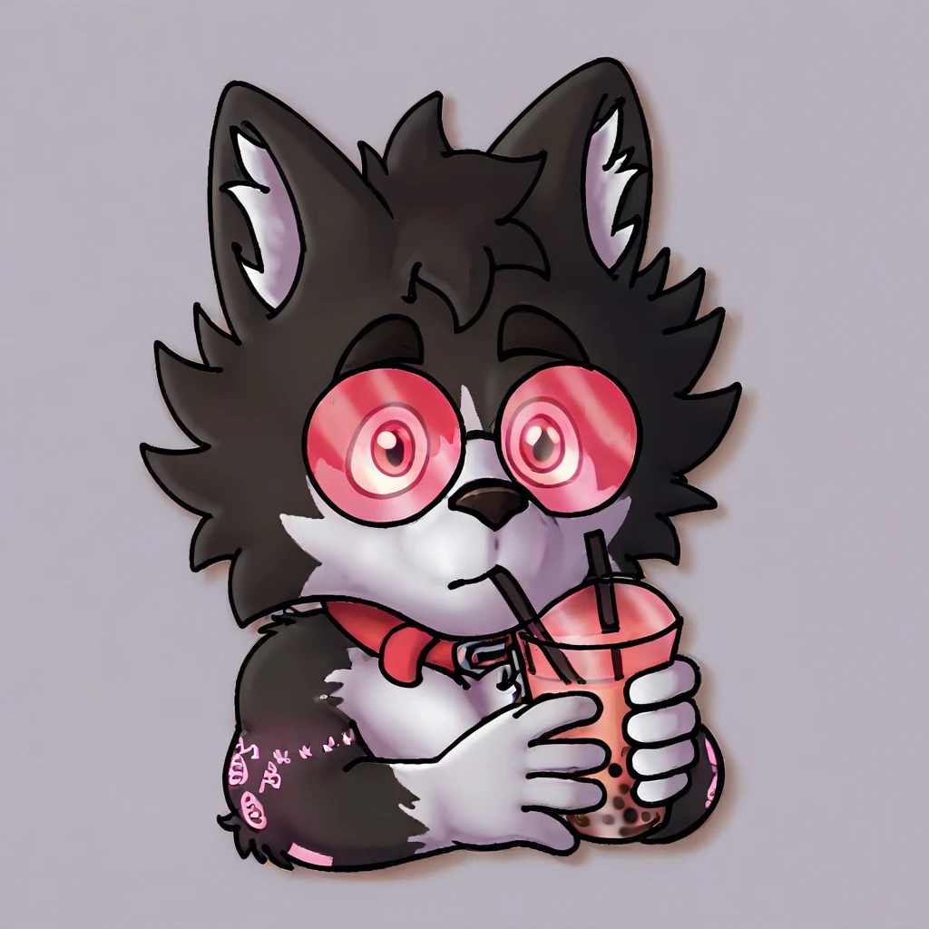 score_9_up, score_8_up, score_7_up, source_furry, mikus-pudim, husky, dog, gray fur, yrllow eyes, pink glasses, solo, 1boy, holding, bubble tea, park