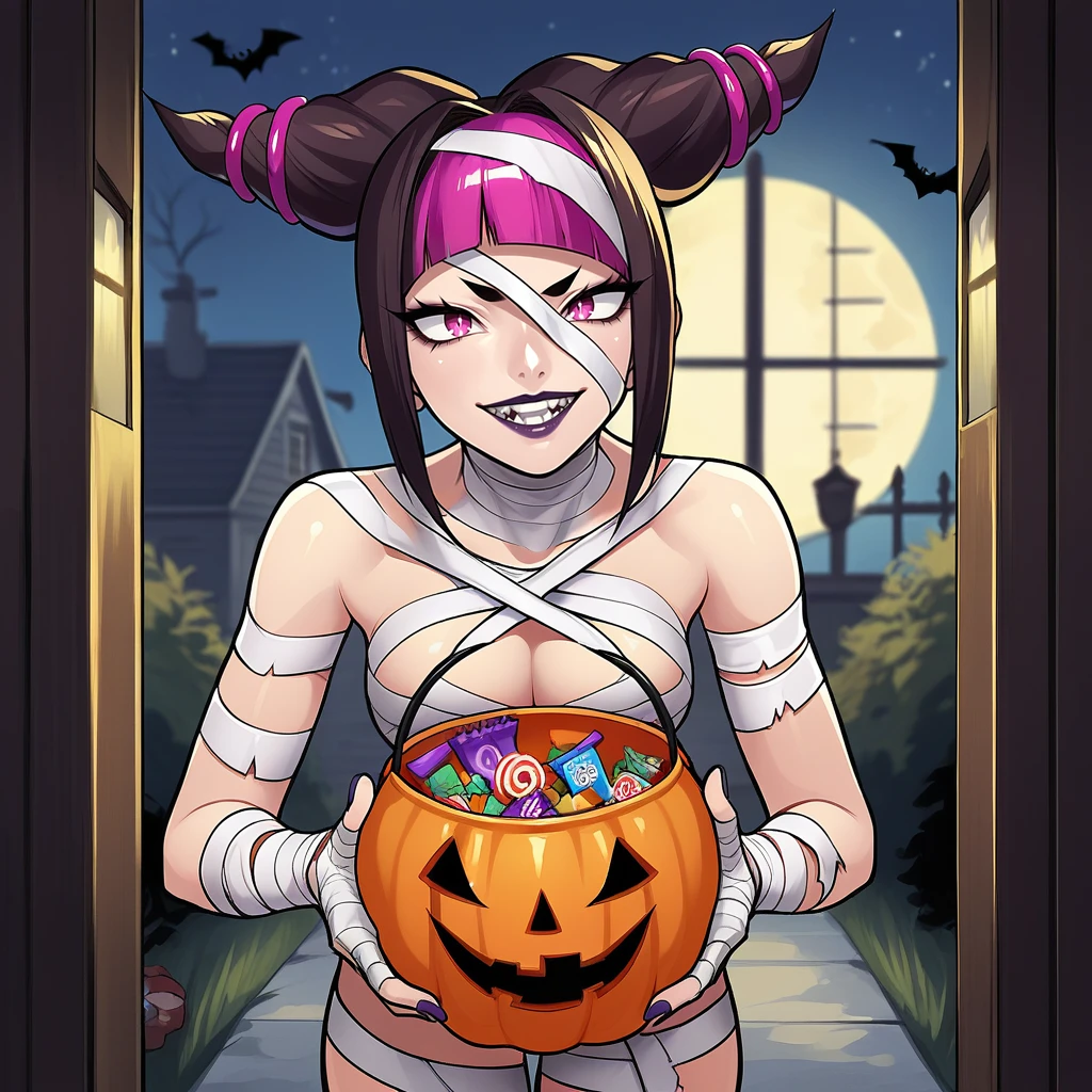 score_9, score_8_up, score_7_up, score_6_up, score_5_up, score_4_up, zPDXL2,source_anime,rating_questionable,solo, 1girl, juri-han, mummy costume, bandages, leaning forward, smile, Halloween costume, <lora:Halloween_Bucket:0.8> h4llbck, halloween bucket, looking at viewer, holding, candy, outdoors, night time, moon