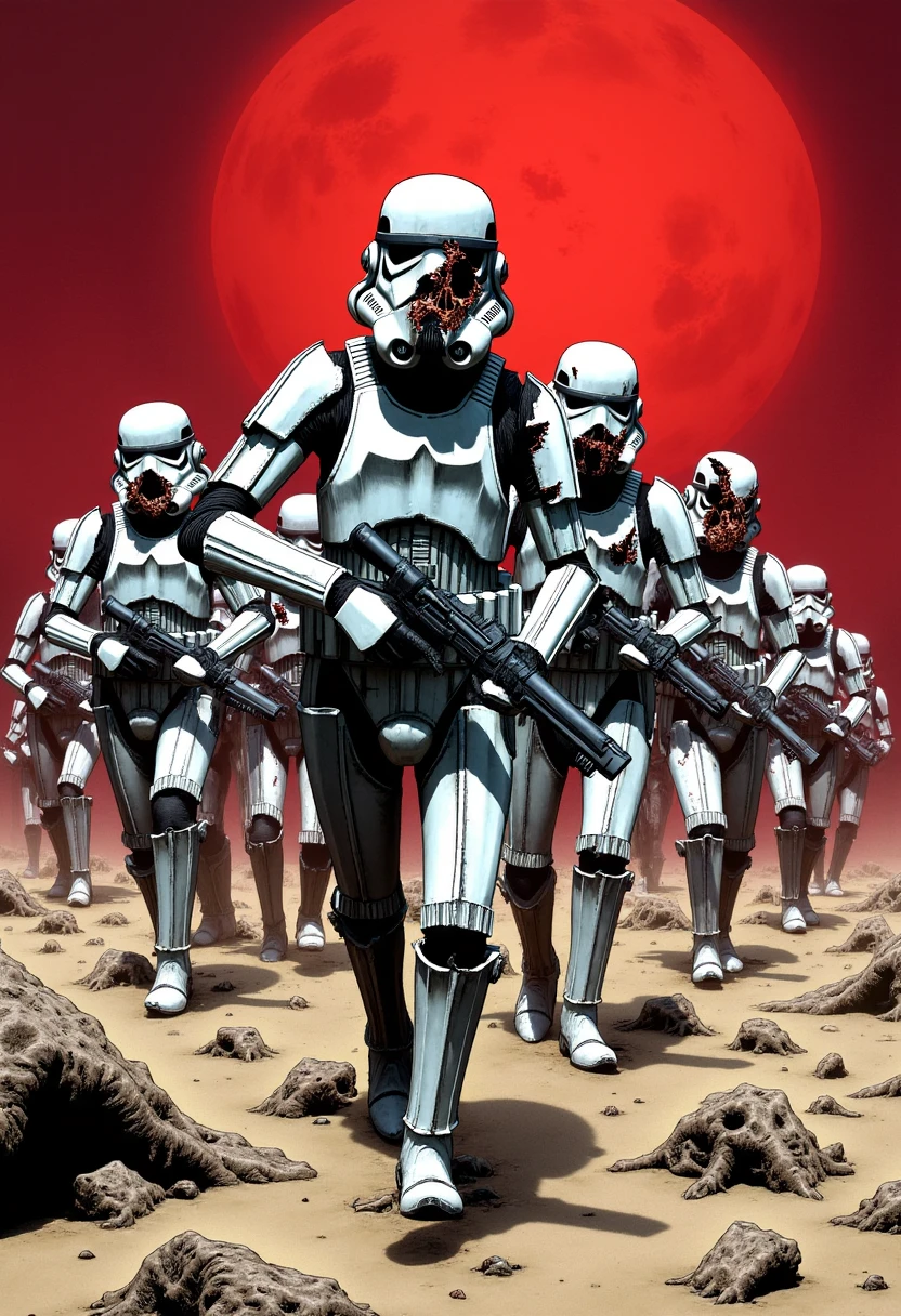 Imagine an image in the style of a haunting, graphic novel illustration. A squad of Stormtroopers, their helmets cracked and eyes hollow, march through a barren, desolate wasteland under a blood-red sky. They reach out with skeletal hands, their twisted, rotting faces showing through their broken helmets, as they move with an eerie, undead purpose.