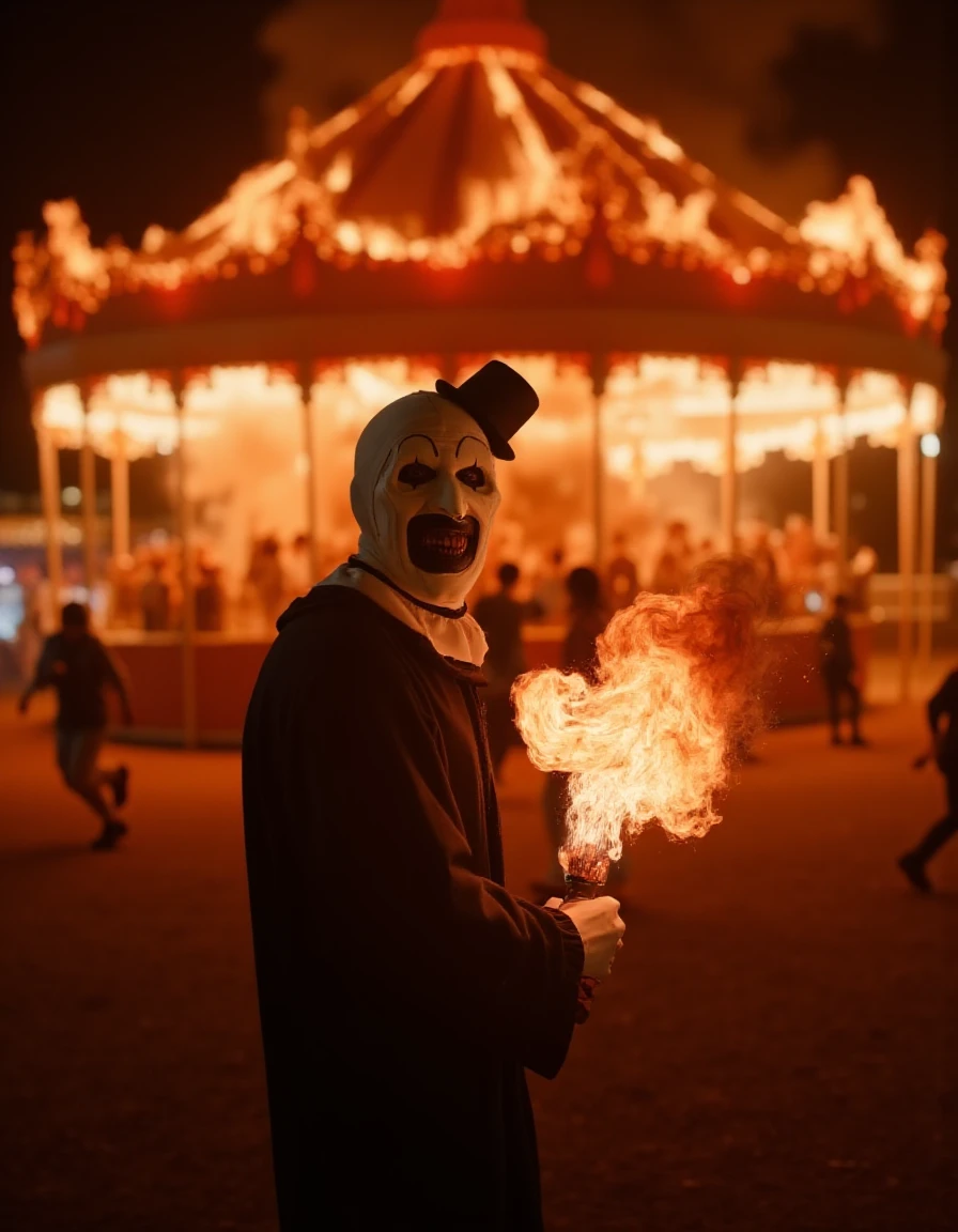 low angle fisheye lense shot of Art The Clown holding a flame thrower, a creepy smile on his face, standing in front of a burning carnival at night, bokeh background with people running and screaming, a haunted cinematic photo