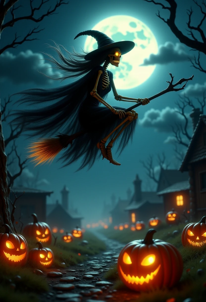 skelet0n witch flying on a broomstick over a moonlit village, glowing pumpkins, dark clouds <lora:Spooky Skeletons:1>