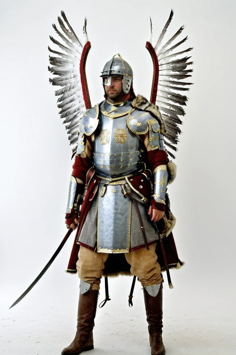 hires digital photo, photorealism, simple white background, full body, solo, male focus, standing upright, wearing winged_hussar_armor, holding sheathed sabre, hilt grip, helm, breastplate, pauldrons, faulds, vambraces, boots, <lora:Polish_Hussar_Armor_XL-000013:0.8>, intricate details, high resolution,