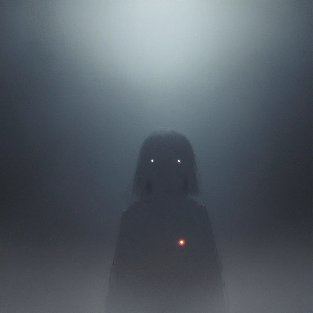 score_9, score_8_up, score_8, 1girl,  BREAK, CR33P1NGF0G, fog, foggy, haze, 1girl, anime, horror_(theme), mechanical, cyberpunk, lights, glowing, depth of field, bokeh