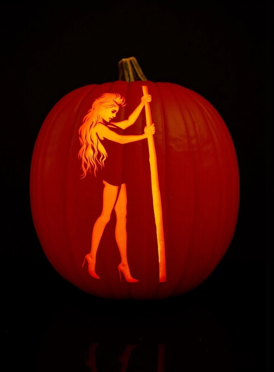 a pumpkin in a dark room with a silhouette of a stripper on a pole carved into it