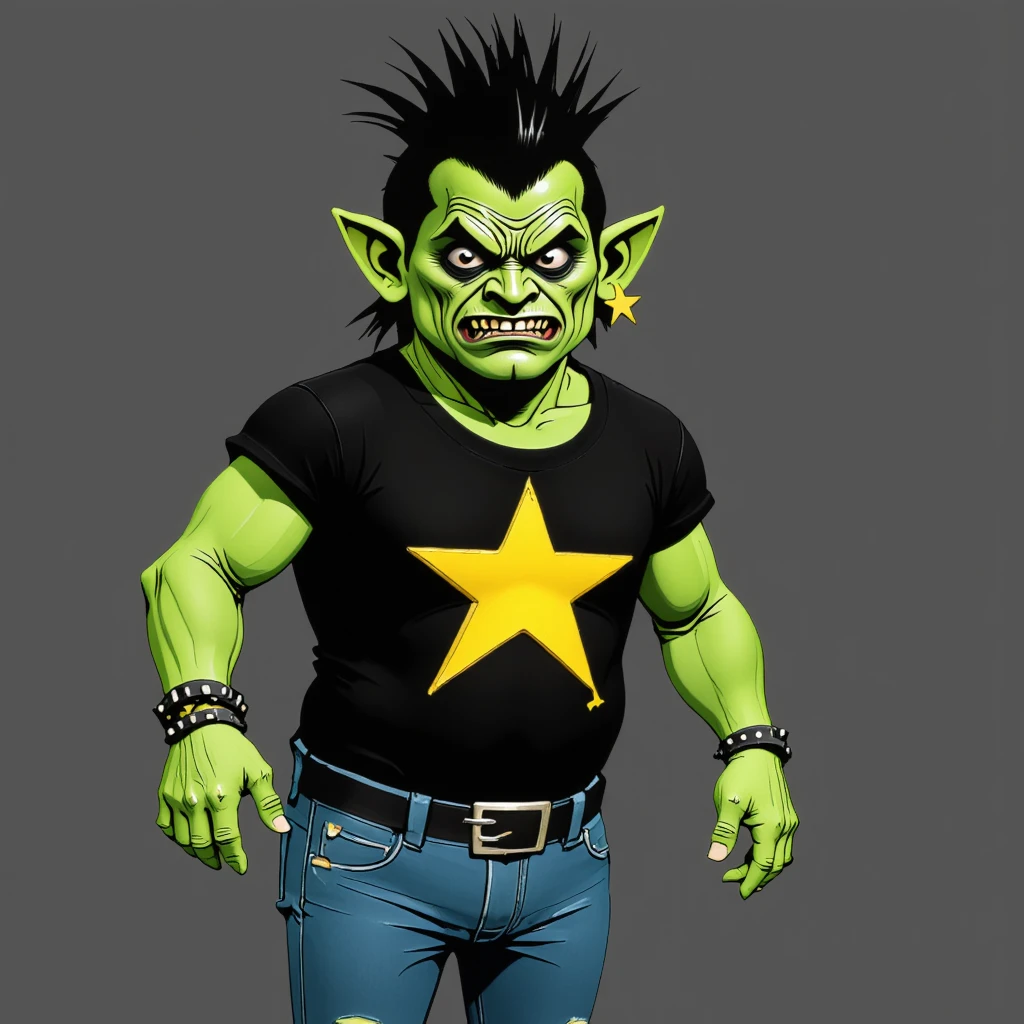 t-pose, a sad <lora:NoslooTheGreat punk-flux:.75> NoslooTheGreat dark troll wizard punk rocker with a black t-shirt with a gold star on it and jeans,character sheet <lora:Everly Heights Character Maker FLUX:1>