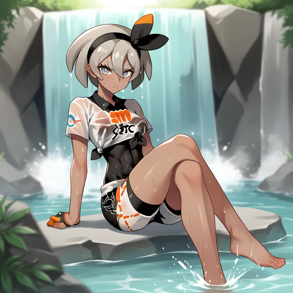 score_9, score_8_up, score_7_up, score_6_up, score_5_up, score_4_up, zPDXL2,source_anime,rating_questionable,solo, <lora:Underneath_Waterfall:0.4> W4terf4ll, waterfall, bea (pokemon), barefoot, bodysuit under clothes, looking at viewer, legs crossed, wet shirt, dark skin, closed mouth, sitting, bangs, print shirt, grey hair, black hairband,short sleeves, tied shirt, hair between eyes, grey eyes, black bodysuit, short hair, water, dark-skinned female, print shorts, wet clothes, 1girl, covered navel