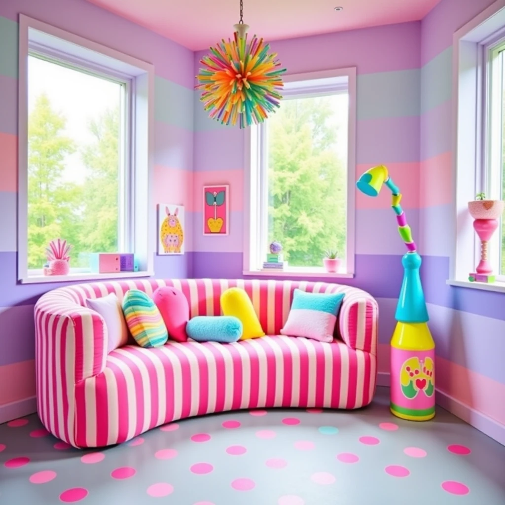  Whimsical Wonderland Reading Nook
A cozy reading nook surrounded by striped walls in soft lavender and white. The floor is a playful polka-dot pattern with pink and teal circles on a light-gray base. A pink sofa with white stripes rests by the window, adorned with plush multicolored throw pillows. The space is illuminated by a soft glow from a funky, retro-inspired chandelier. A floor lamp shaped like a giant, colorful crayon adds a quirky touch, creating a whimsical space for relaxation or reading.