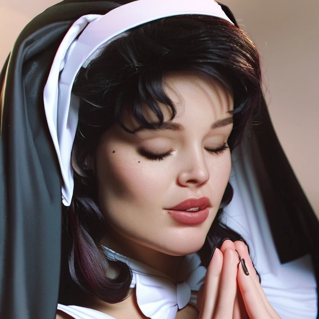 hires digital photo, photorealism, simple background, od3tt3b@1u, face focus, close up, head up, hands clapsed under chin, eyes closed, praying, mole under eye, black hair, nail polish, nun habit, head dress <lora:Odette_Balu_Transylvania_65000_Geena_Davis_PonyXL:1>, intricate details, high resolution,, PonyXL_Scores