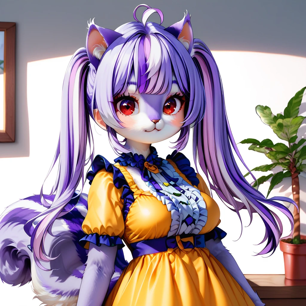 two-tone fur, potted plant, dress, twintails, multicolored hair, light purple cat ears, breasts, light purple squirrel tail, red eyes, long hair, purple hair, white background, tail, white fur, :3, cat face