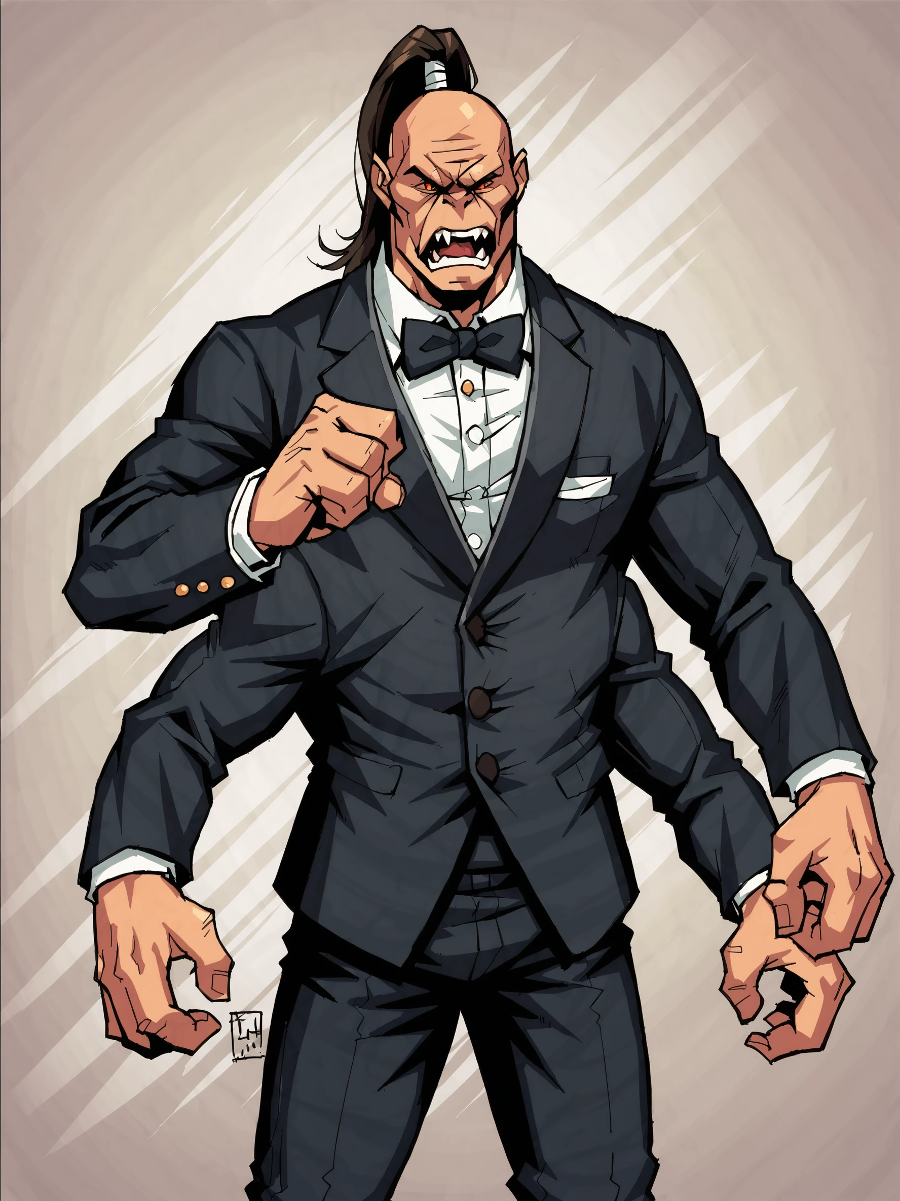 score_9, score_8up, score_7up, score_6up, score_5up, score_4up, BREAK
abstract background, BREAK
solo, male, mk_goro, bald, ponytail, angry, fangs, four arms, tuxedo, bowtie, BREAK
source_cartoon, rating_safe, BREAK
 <lora:Goro_-_Mortal_Kombat_-_PDXL:1>