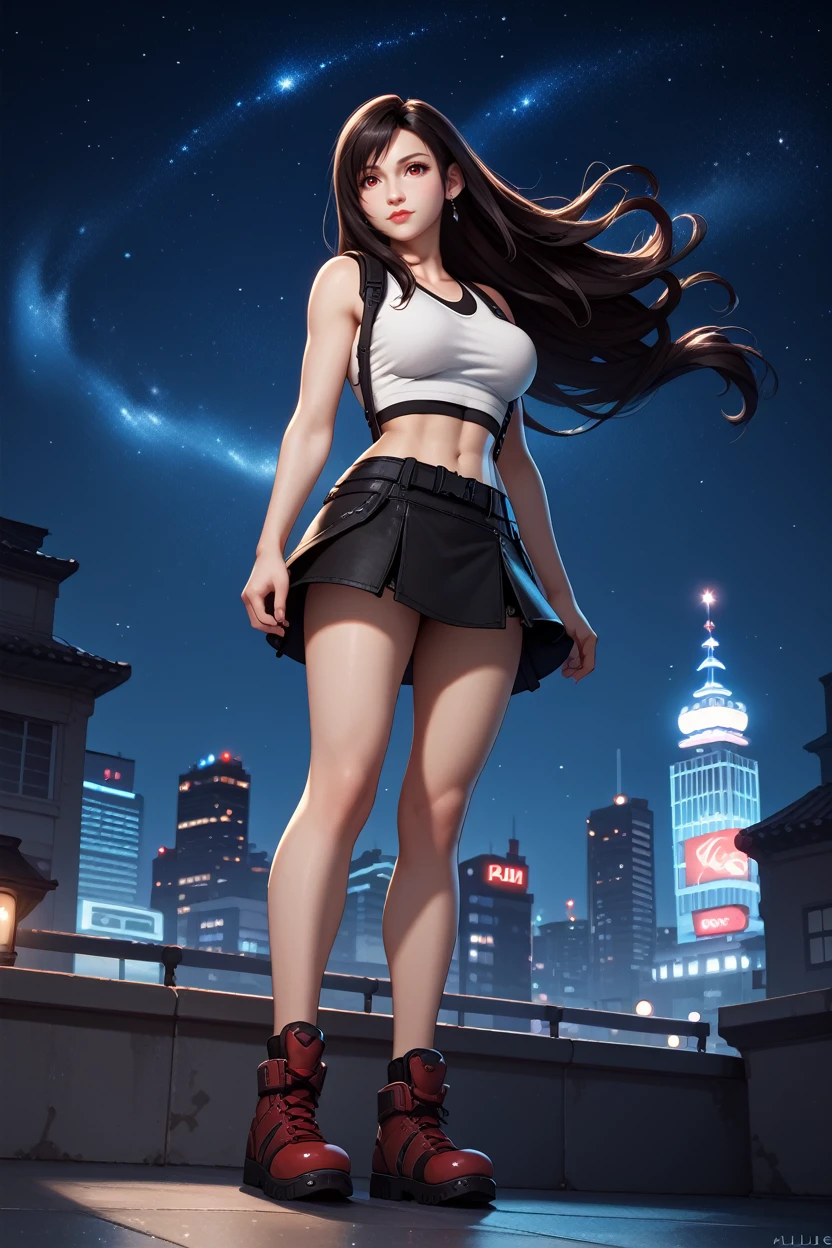 score_9, score_8_up, score_7_up,
<lora:FF7Tifa:0.8>
FF7Tifa, 1girl, black hair, red eyes, long hair, looking at viewer, standing on a rooftop at night, city lights twinkling below, wind gently blowing hair, starry sky above, mysterious and enchanting ambiance