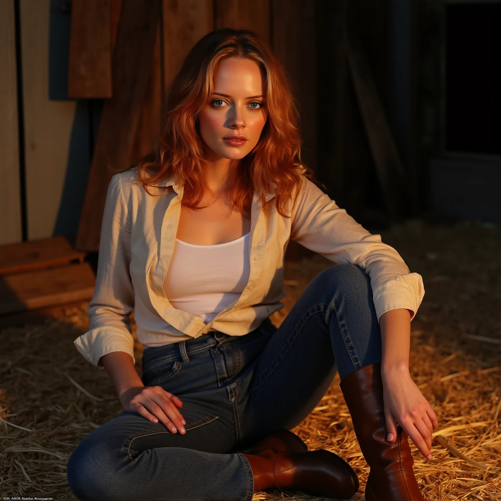 Cinematic a candid of a redhead woman, dramatic lighting, shimmering lighting, prismatic effect, ultra realistic, ultra detailed textures, jeans and a silk shirt, white t-shirt, leather boots, sitting with crossed legs, on a straw pile outdoors, looking at the viewer,marley, sheltonm, mysl