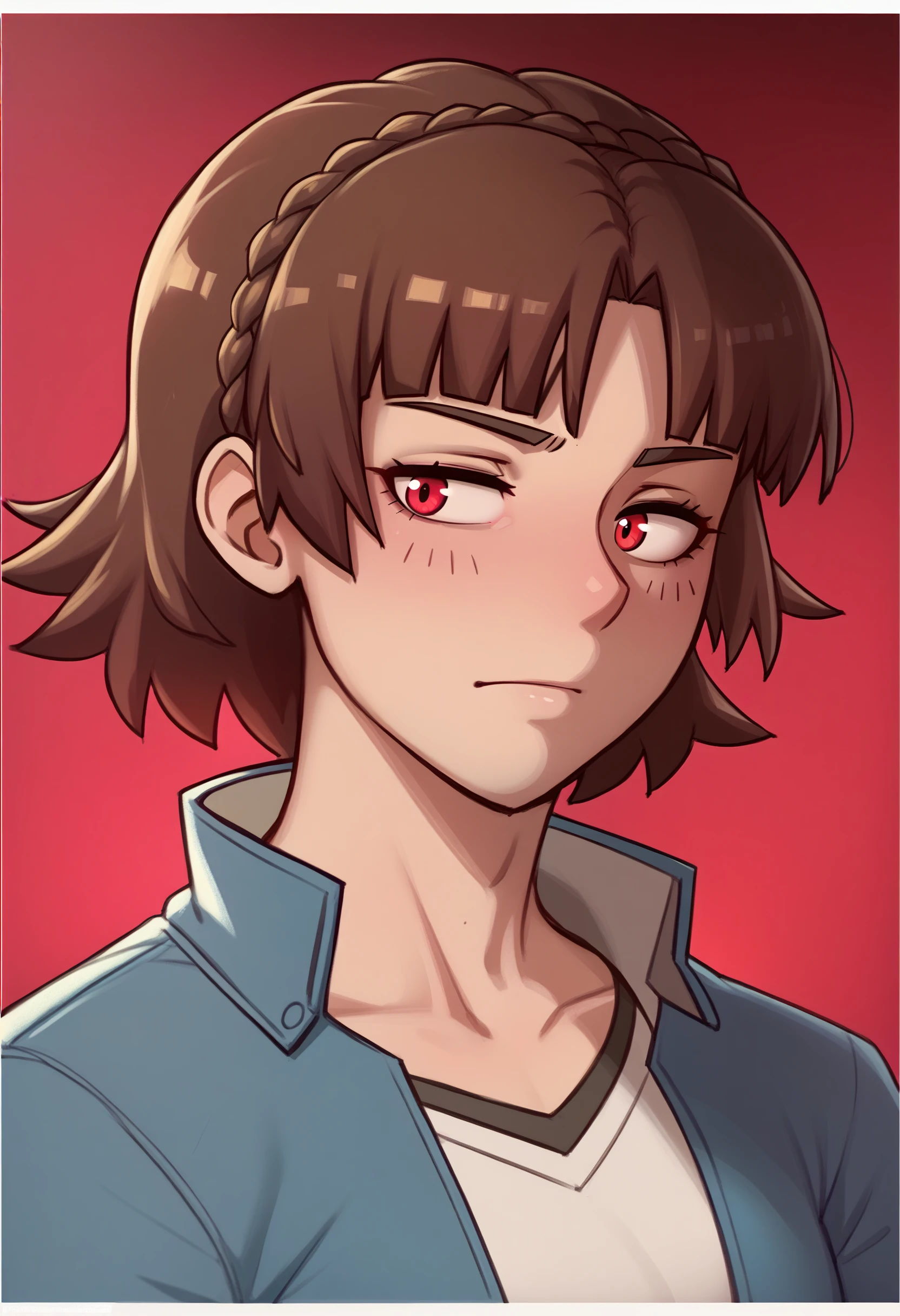 <lora:dross-guy-PONY-DORAv1:1>, dros, score_9, score_7_up, 1girl, solo, border, red background, gradient background, red eyes, brown hair, portrait, niijima makoto, blue jacket