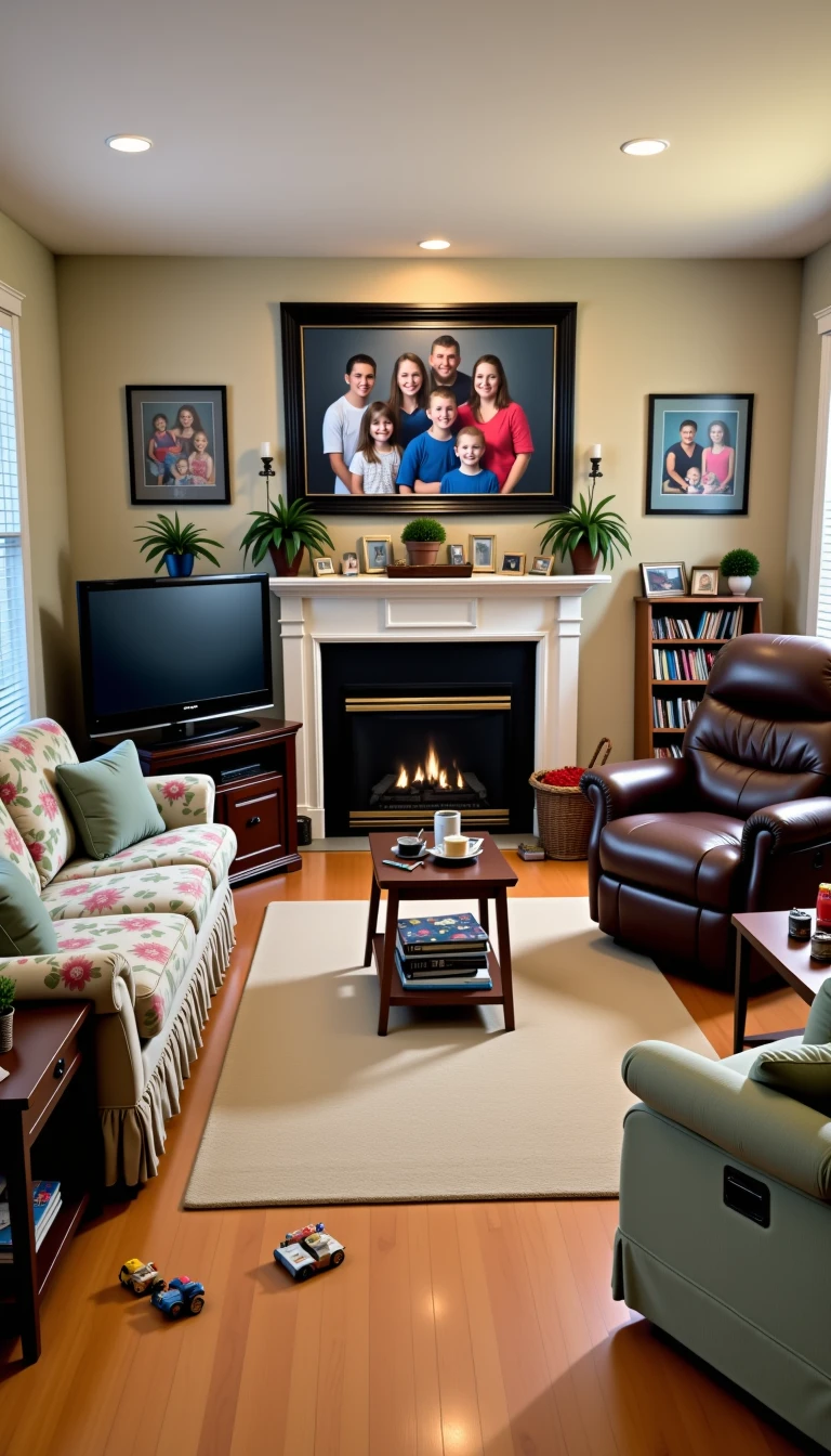 A family-friendly living room with a floral couch, a dark wooden TV cabinet, and a well-worn recliner. The walls are adorned with school portraits and a large family portrait hangs above the fireplace. Toys are scattered across the floor, hinting at the presence of kids.  <lora:Everly_Heights_Set_Builder_FLUX:1>