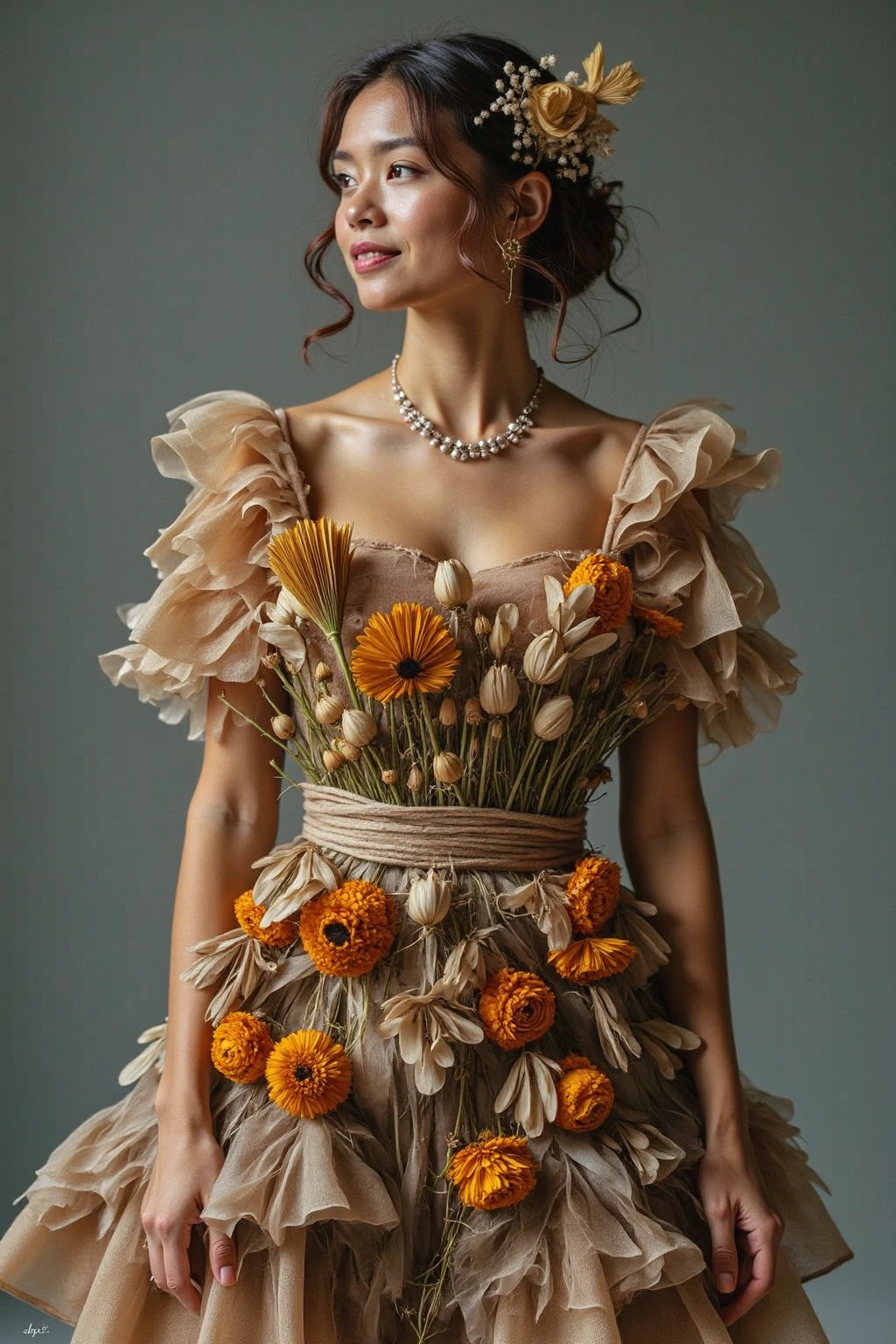 dr13d_fl0w3r5, a woman wearing a dress made of dried flowers