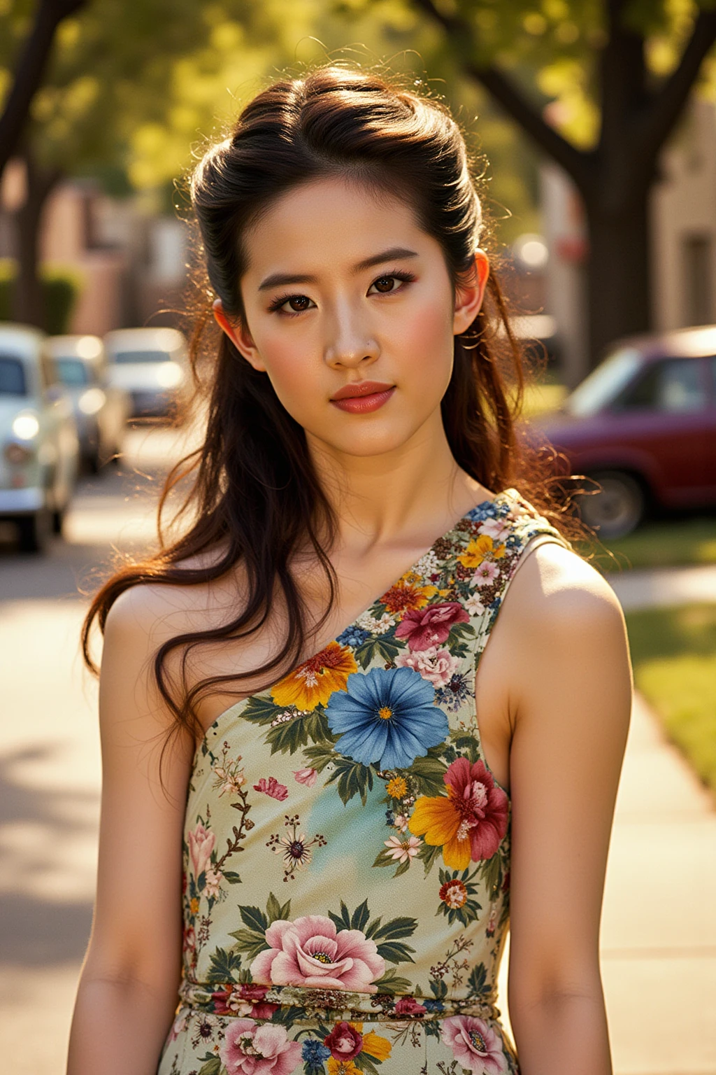 portrait of a beautiful woman.

(In a vintage-inspired, floral-print dress cinched at the waist, her long, chestnut hair styled in soft waves that cascade over her shoulders, her expression bright and playful, with sparkling eyes that reflect youthful exuberance and a hint of longing), (Set against the nostalgic backdrop of a 1960s suburban neighborhood, with classic cars parked on tree-lined streets and charming homes bathed in warm sunlight, the atmosphere feels vibrant and full of life, evoking a sense of innocence and the complexities of love), (youthfulness:1.3), (bright, natural lighting with golden tones and soft highlights, sharp focus on the heroine, cinematic composition with a lively, nostalgic mood, capturing the essence of her character’s charm and the allure of a bygone era:1.4),