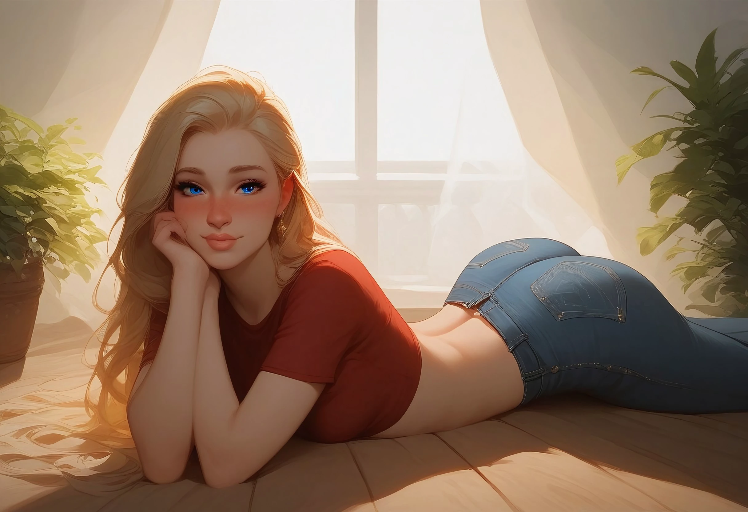 safe_pos, safe_pos, (score_9, score_8_up, score_7_up), (Amelie, blue eyes, blonde long hair, perfect body, graceful body), solo, young adult, cute face, slender, nice curves, , natural , medium , nose blush, hot, , pose, face light, mouth, lips, nose,  easynegative, Expressiveh, zPDXL3, slim fit blue jeans, high raise jeans, red crop top, dining room, wood floor, wood table, plants, windows, curtains, add detailed